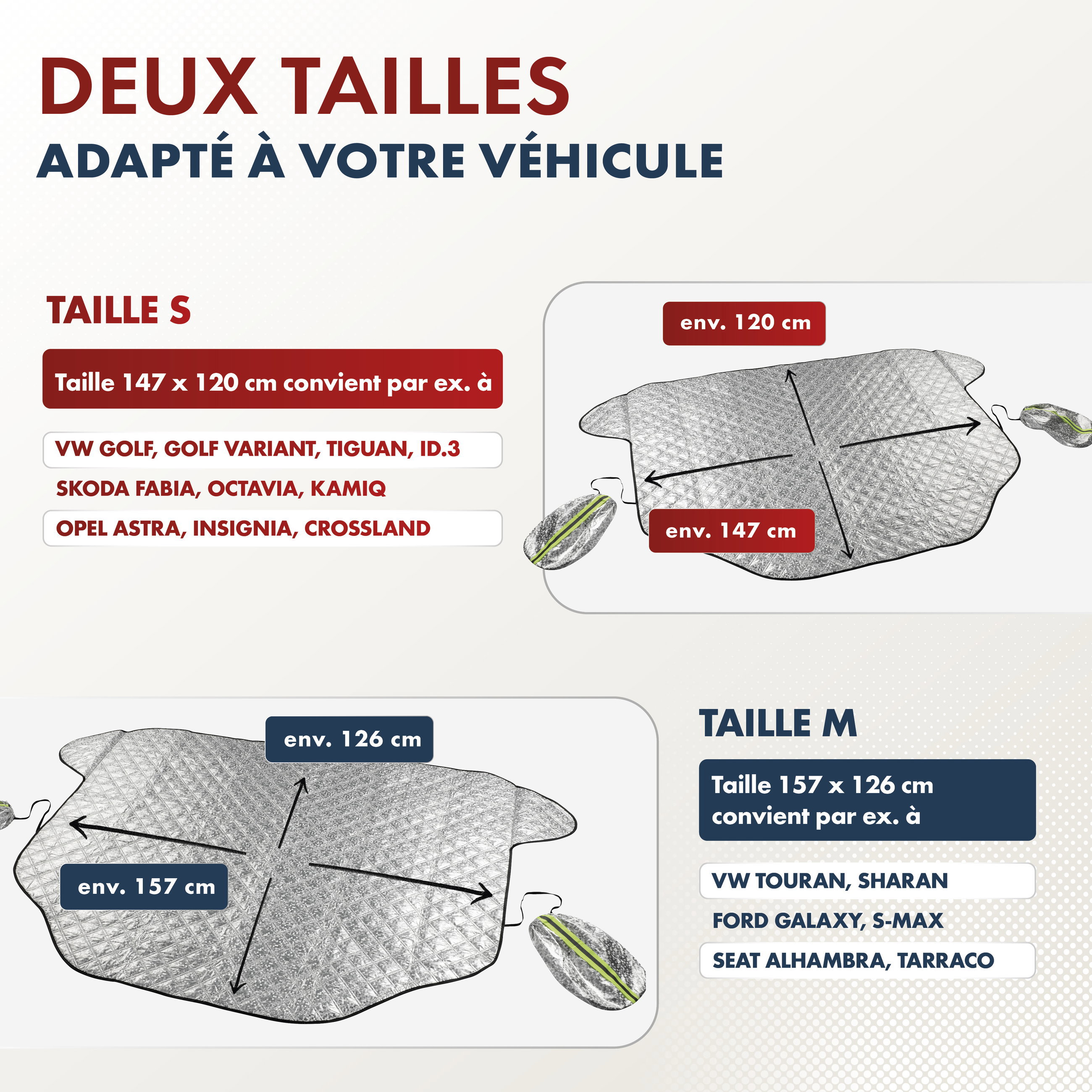 Protection thermique de pare-brise Premium avec couverture de rétroviseur latéral 147x120 cm