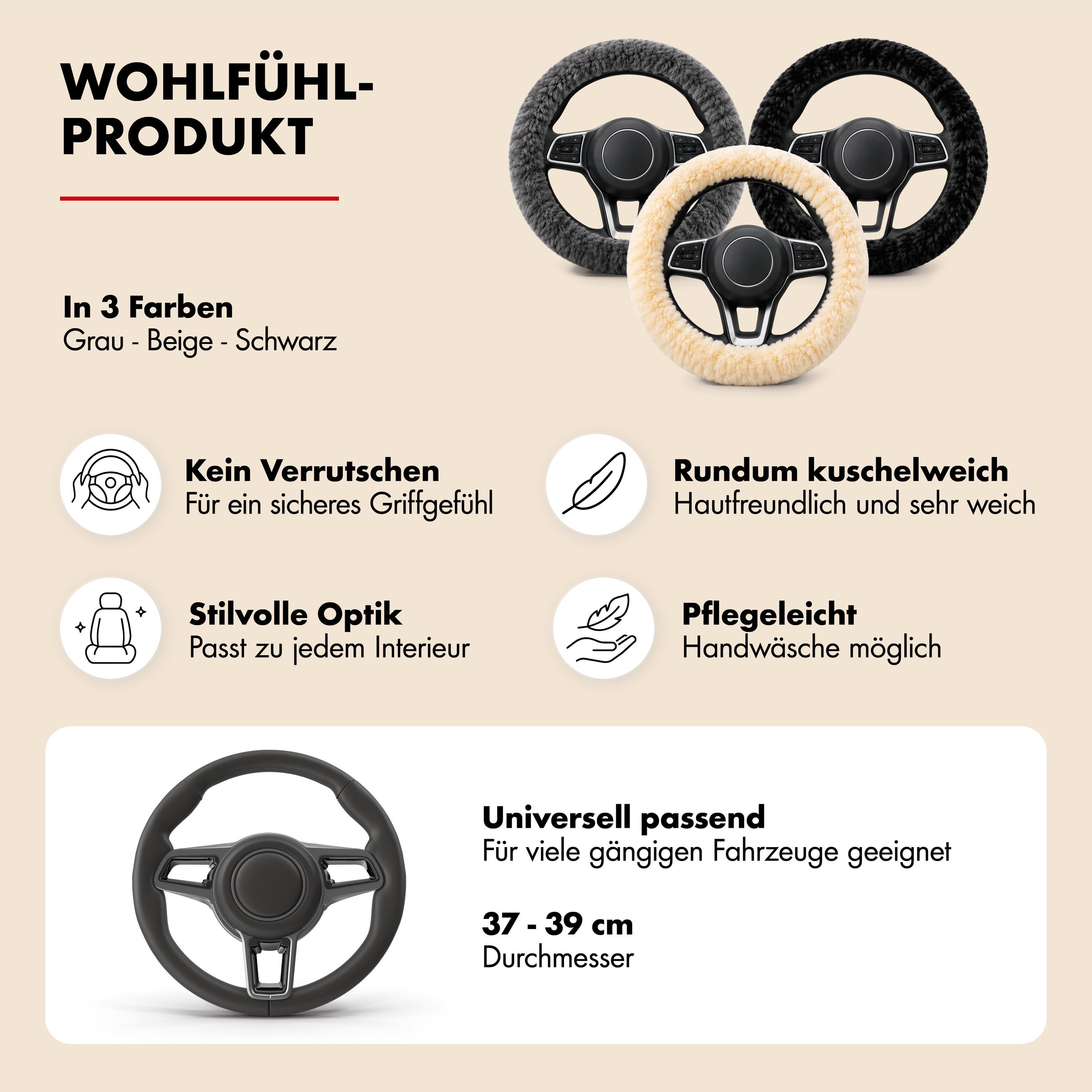 Lenkradbezug Lammfell, Auto-Lenkradschoner, Lenkradhülle Universalgröße beige