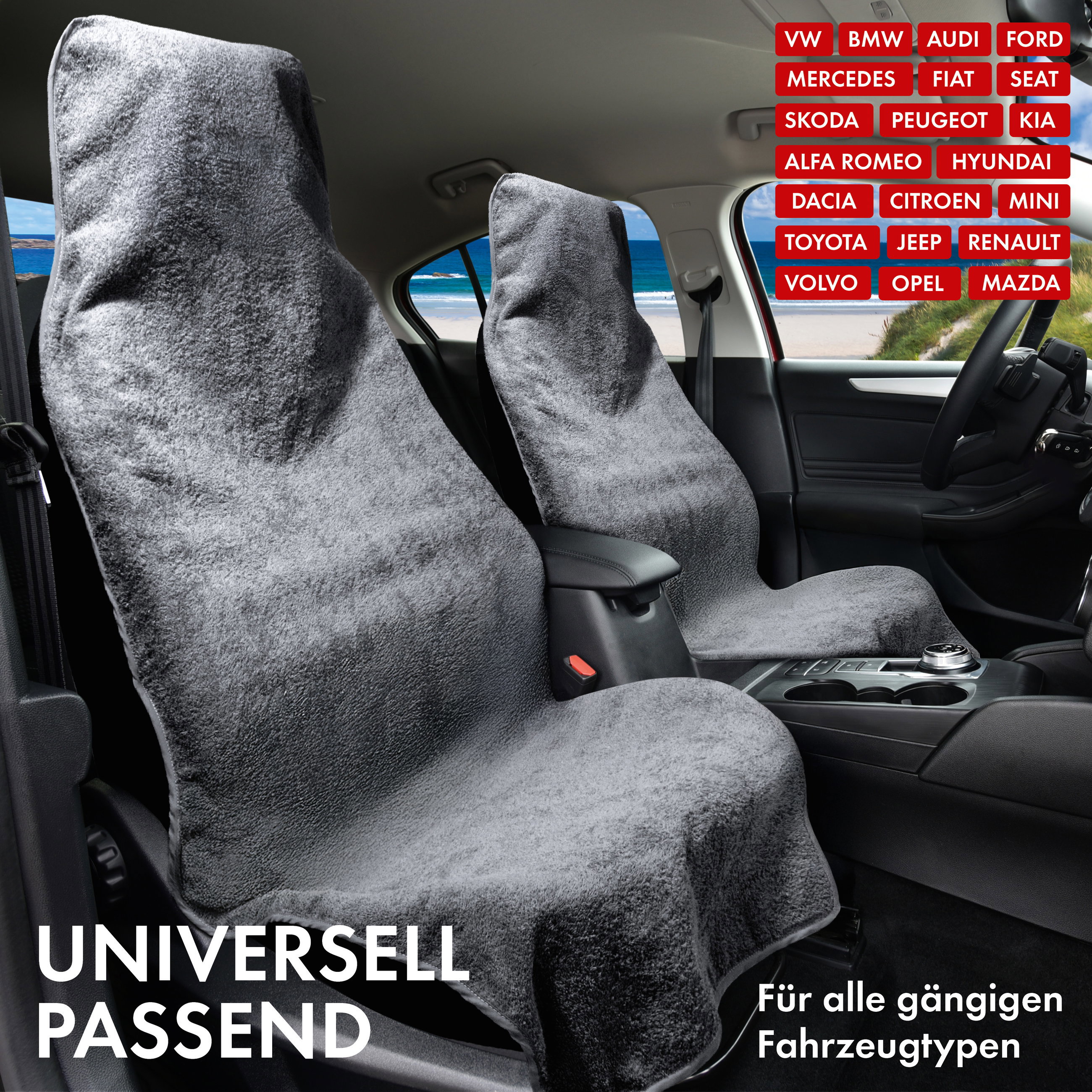 Auto Sitzauflage aus Frottee, PKW Sitzaufleger waschbar grau, 2 Stück