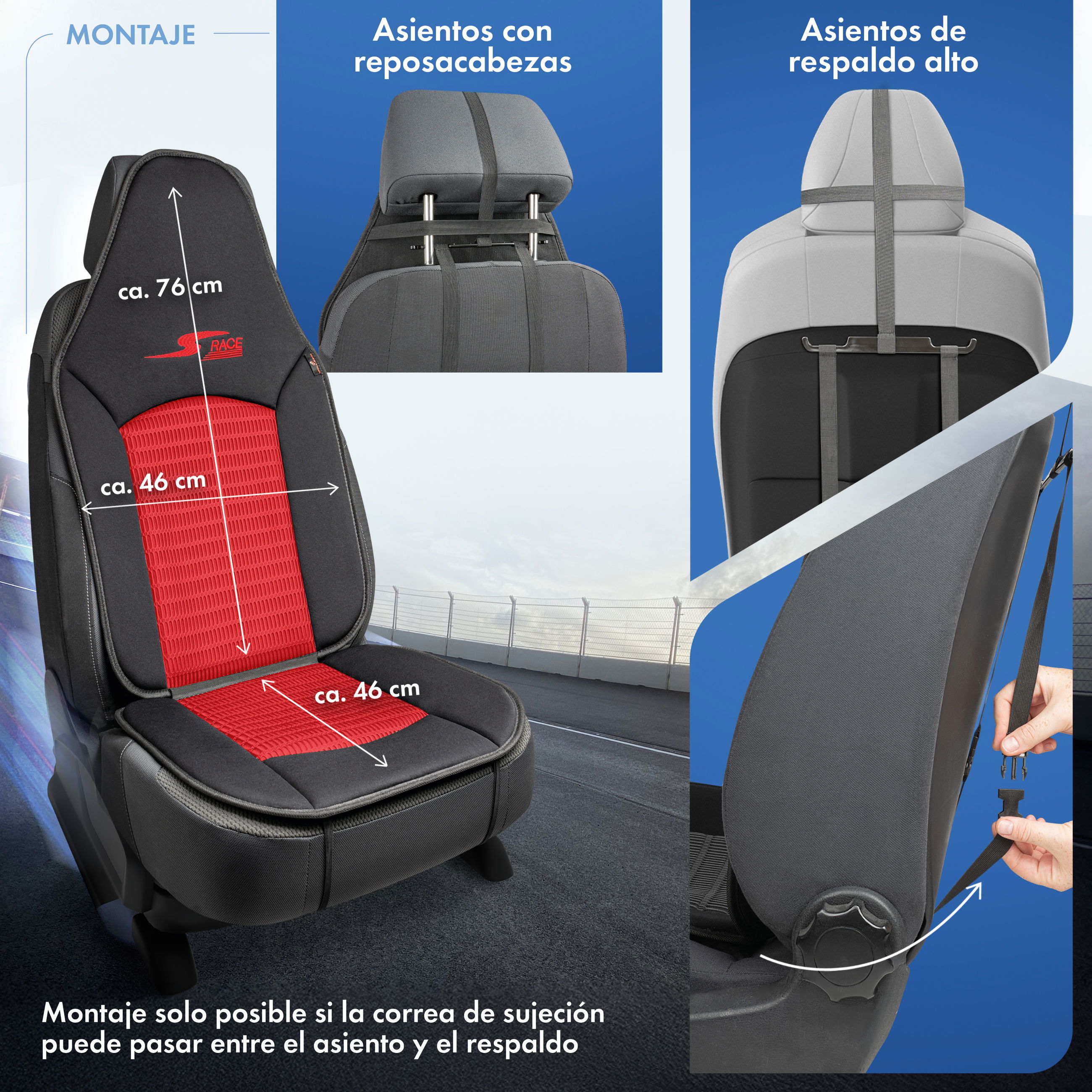 Cojín de asiento S-Race, coche protector de asiento para Highback-/asientos tipo piloto, coche protector de asiento asientos delanteros rojo, 1 pieza