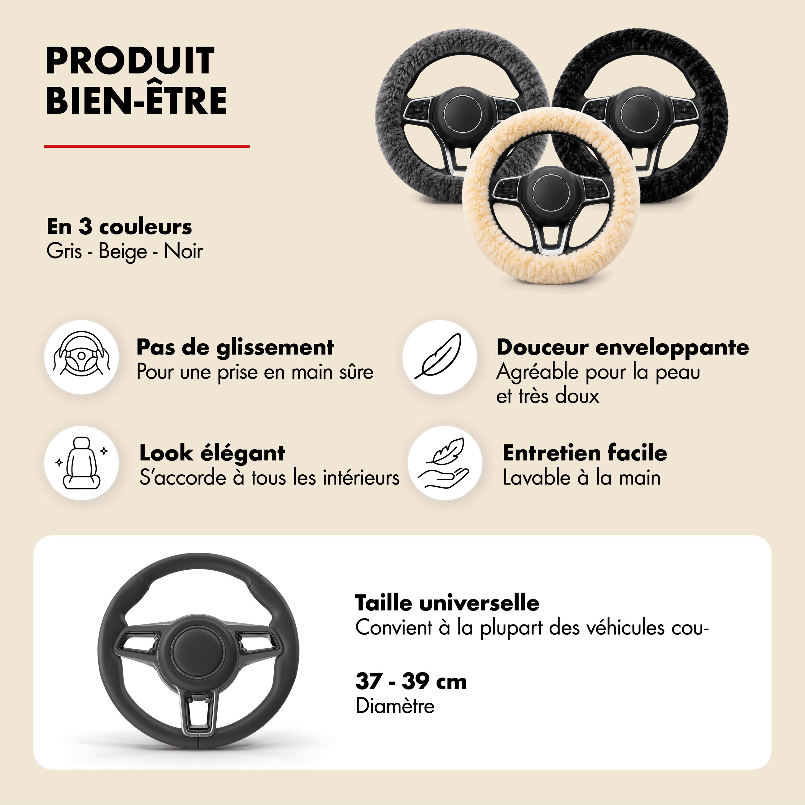 Houssse de volant en peau d'agneau - Houssse de volant en noir
