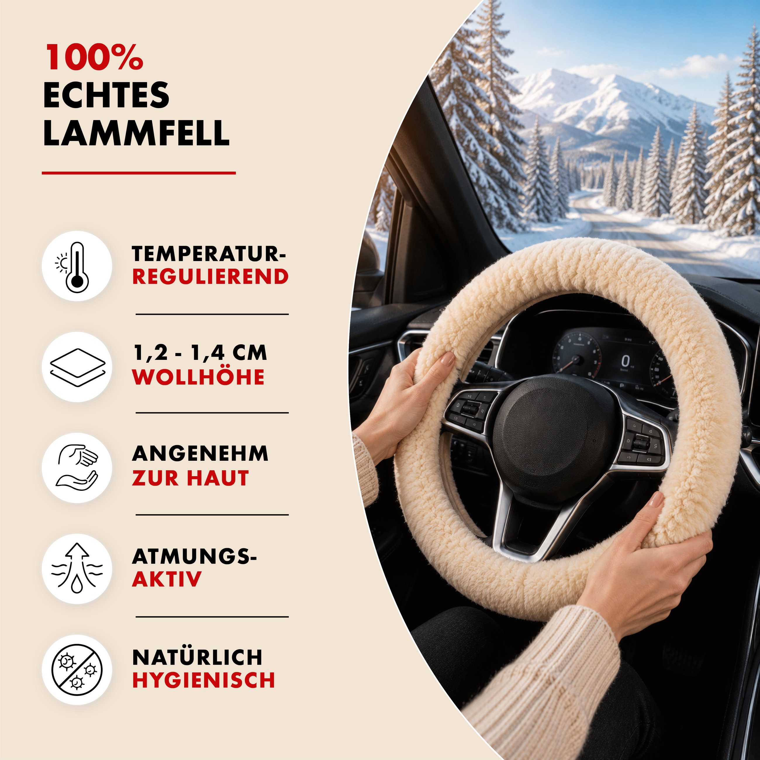 Lenkradbezug Lammfell, Auto-Lenkradschoner, Lenkradhülle Universalgröße beige