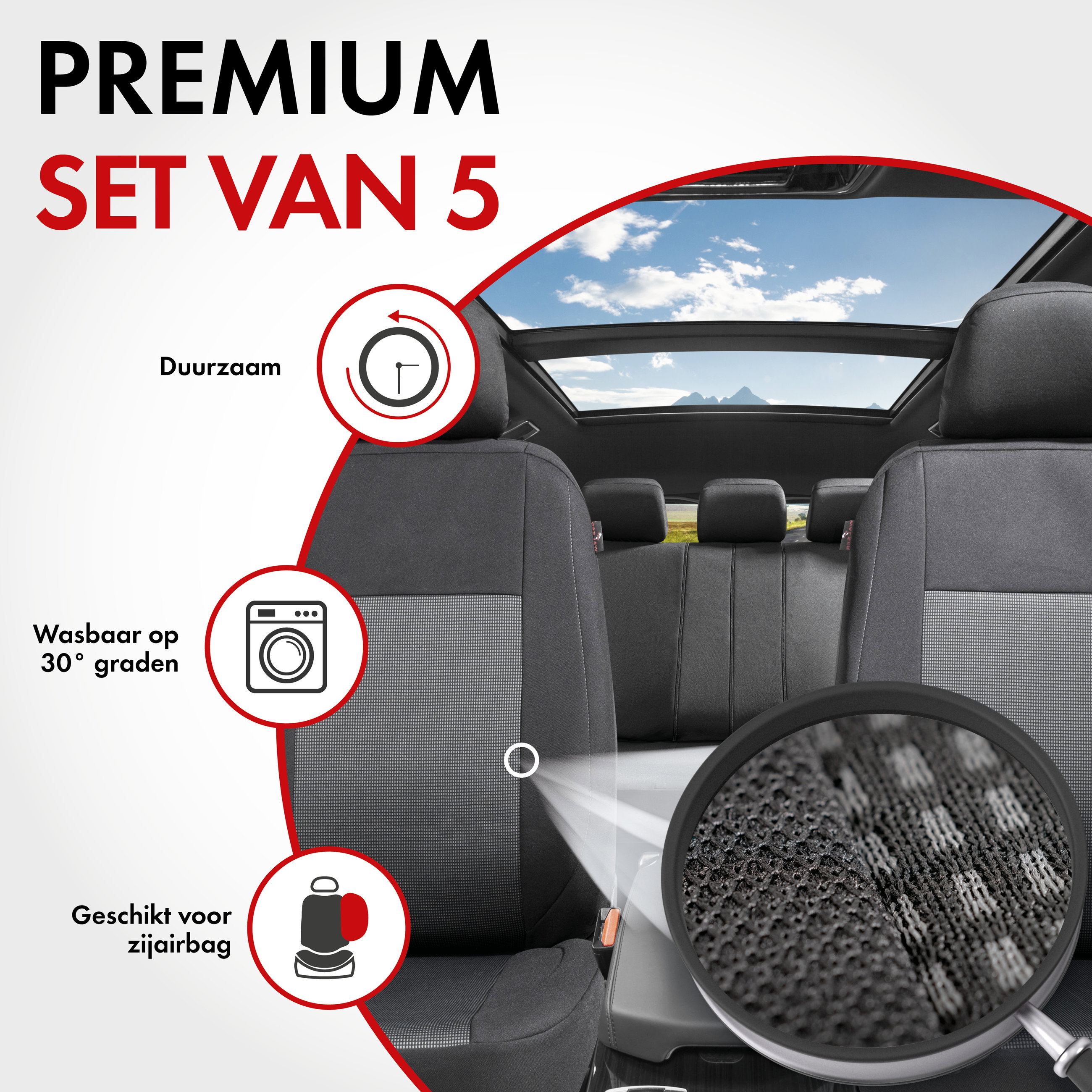 Premium Autostoelbekleding Ardwell met Zipper ZIPP-IT, Autostoelhoes set, 2 stoelbeschermer voor voorstoel, 1 stoelbeschermer voor achterbank zwart/grijs