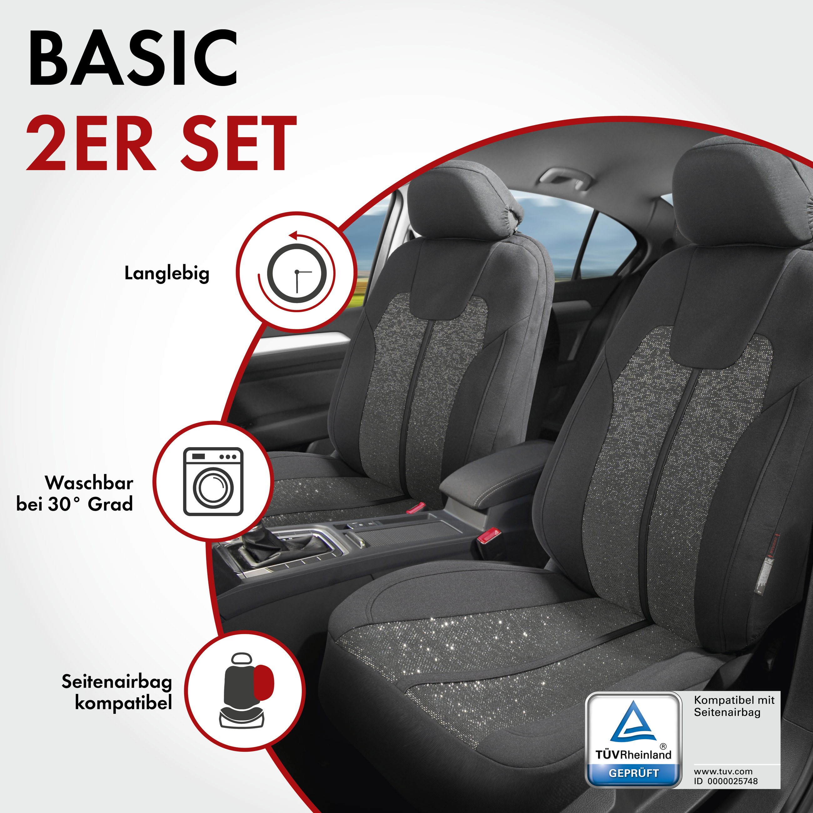 Autositzbezug ZIPP-IT Corso, PKW-Schonbezüge für 2 Vordersitze mit Reißverschluss-System schwarz/silber