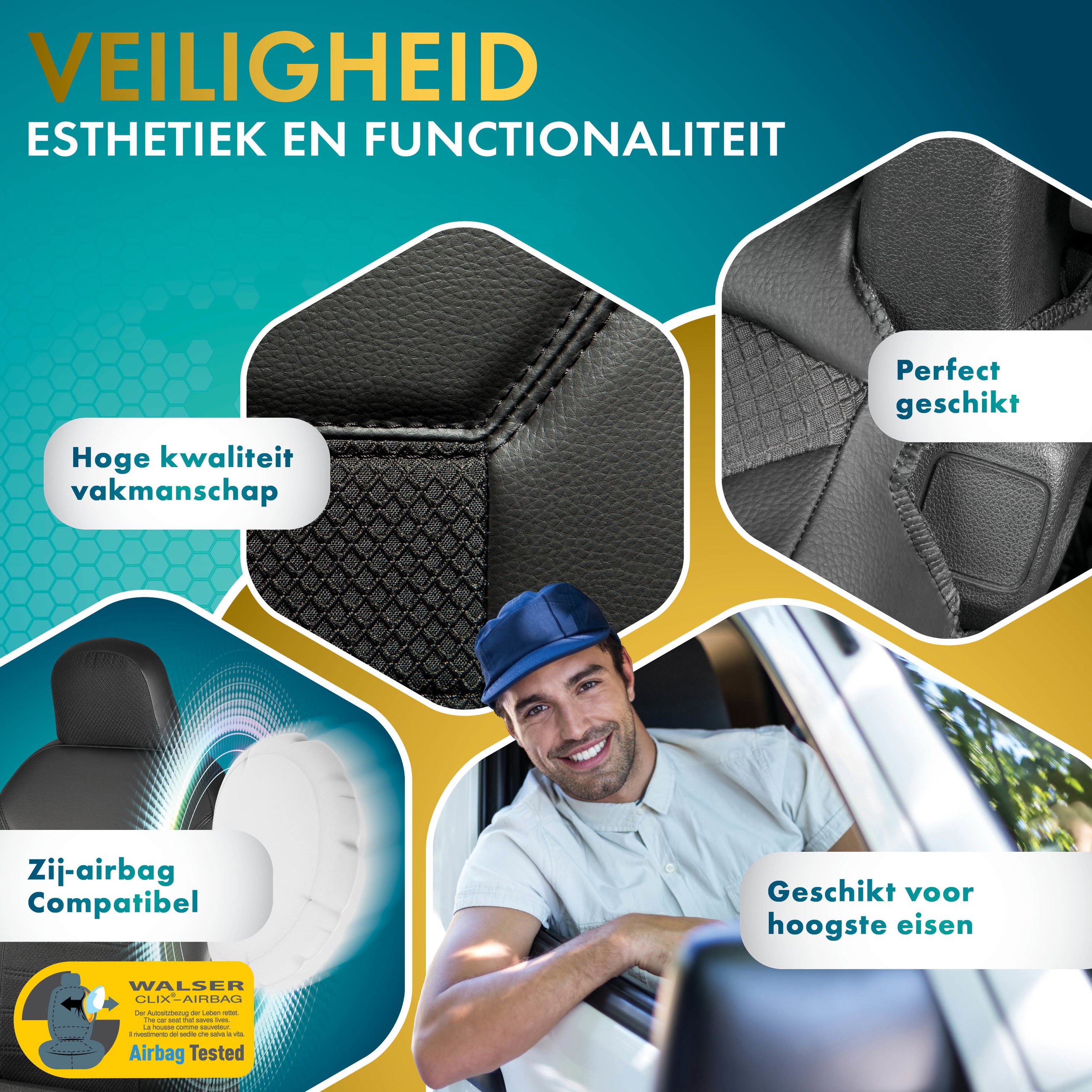 Premium auto stoelhoezen compatibel met VW T6 enkele zit voor en dubbele bank in kunstleder vanaf bouwjaar 2014 - Vandaag