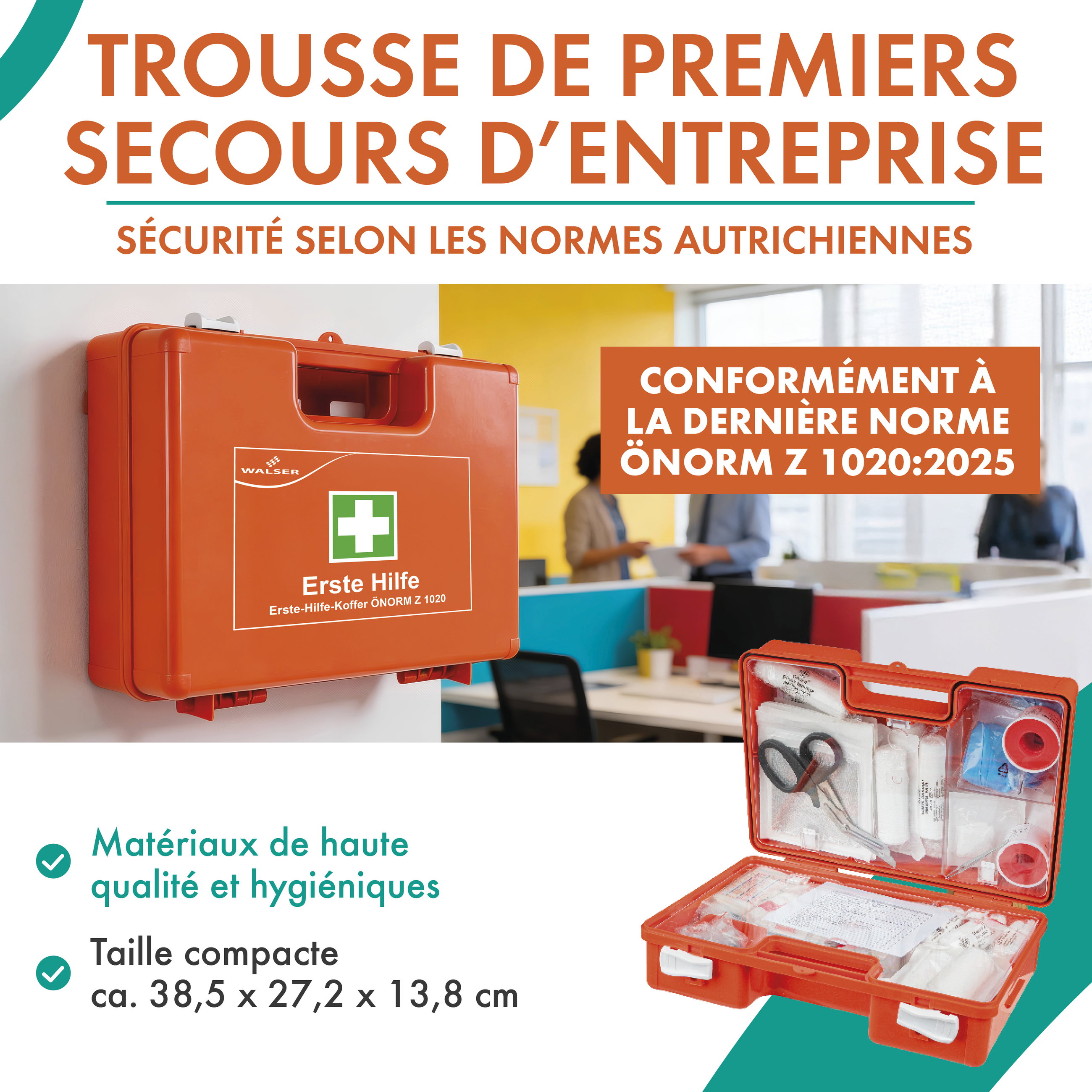 Kit de premiers secours selon la norme autrichienne Ö-Norm Z1020:2025, armoire de premiers secours pour entreprises incl. support mural, trousse médicale 66 pièces, coffret premiers soins pour entreprises et chantiers, trousse de premiers secours pour