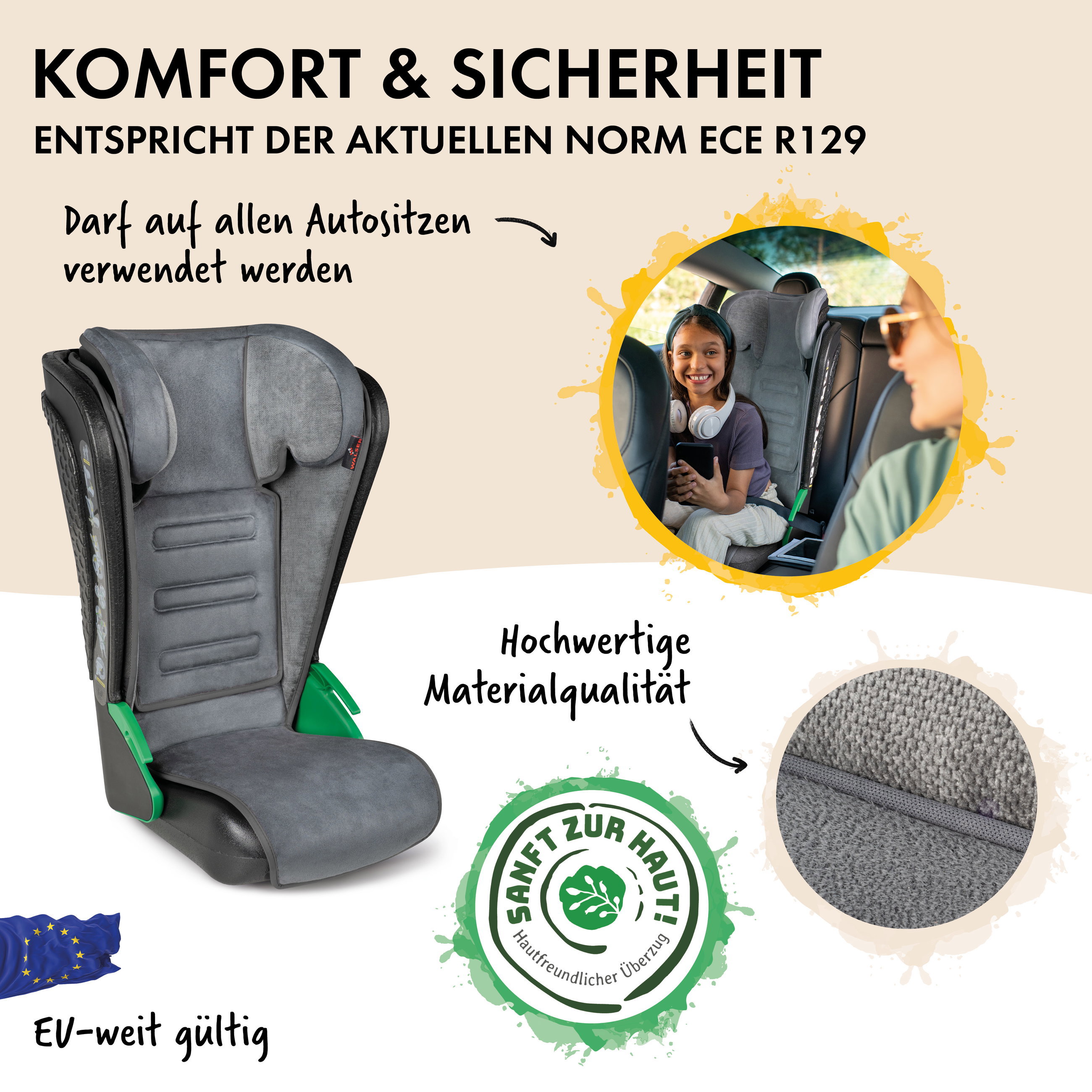 Autositze, Kindersitz, Gurtpad, Bezugststoff, EU-zertifiziert, Kindersitz, Autositze, Sitzpolster, Gurtführung, Materialqualität