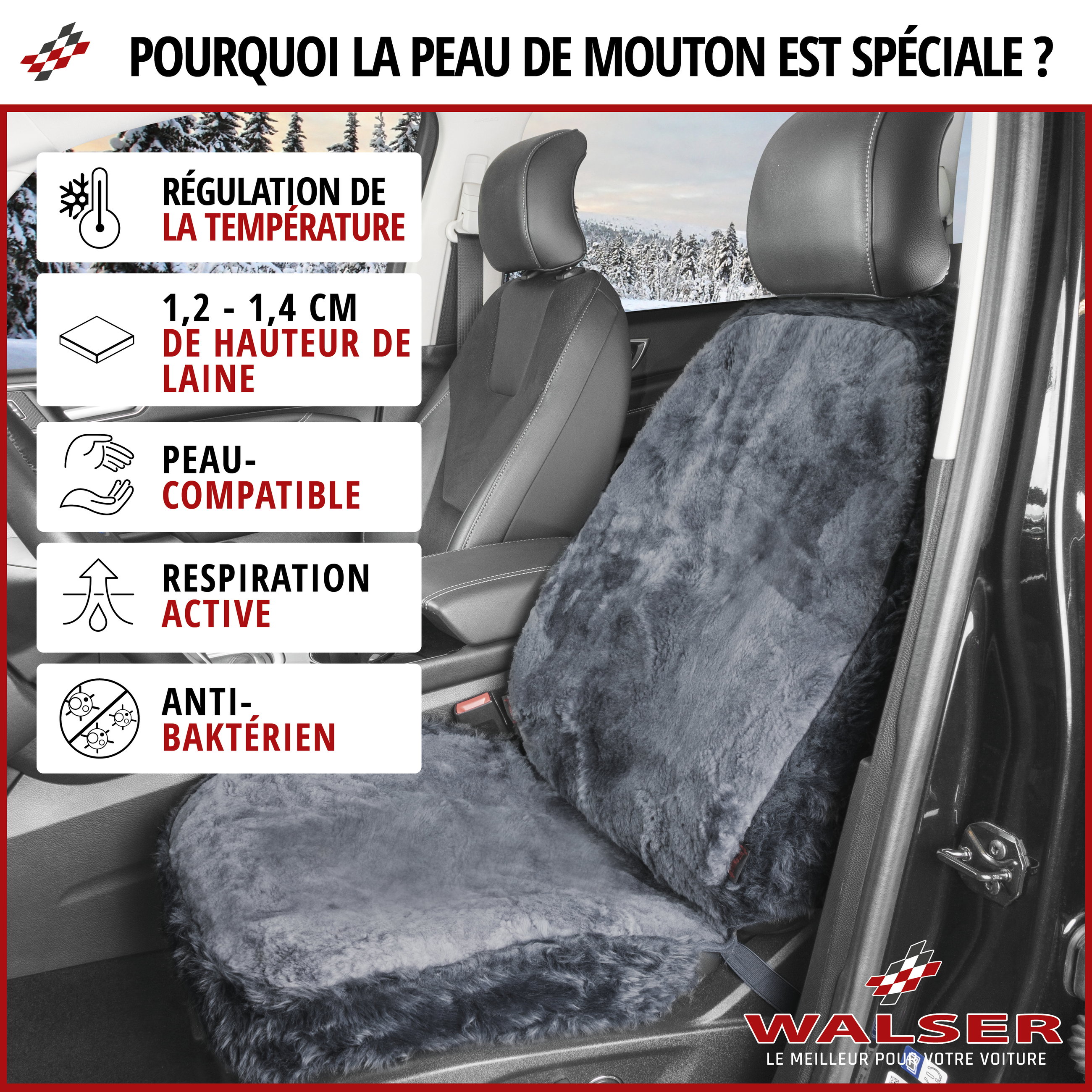 Housse de siège en peau d'agneau anthracite avec système informatique ZIPP, 1 pièce