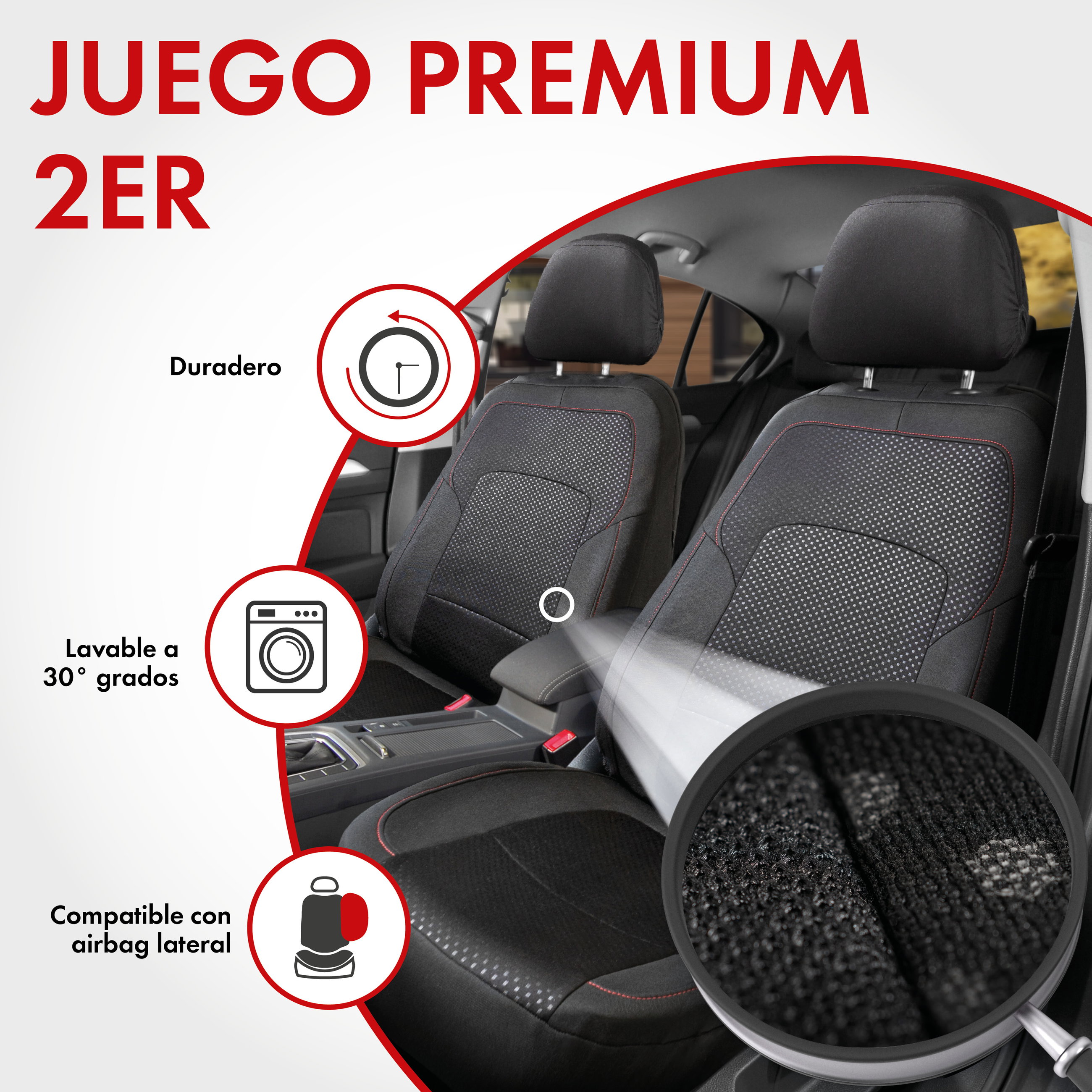 Funda de asiento ZIPP-IT Premium Logan, fundas protectoras de coche para 2 asientos delanteros con sistema de cremallera negro/rojo