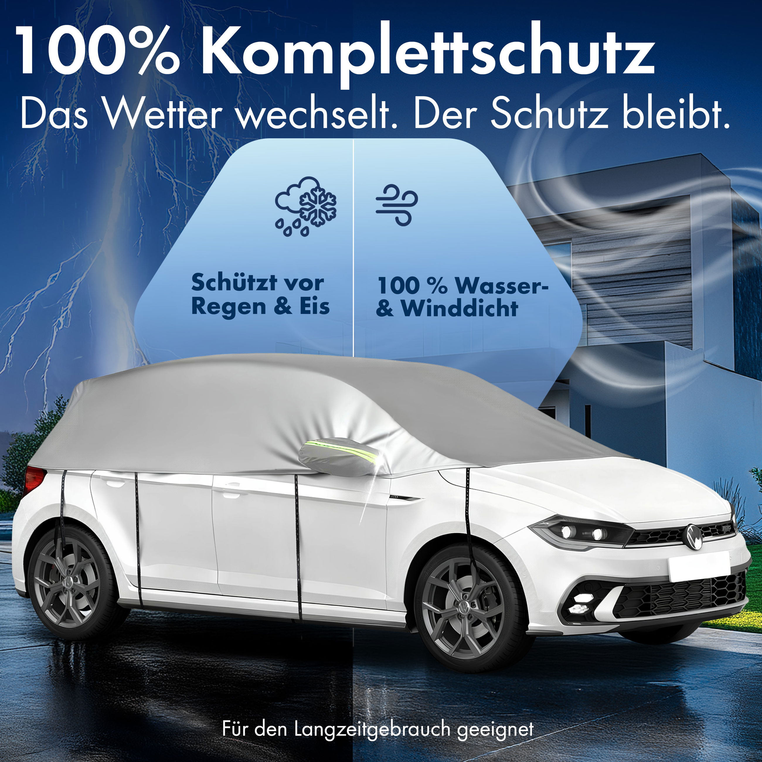 Werbung, Plakat, Maschine, Rad, Auto, Werbung, Plakat, Maschine, Rad, Auto, Abgedecktes Auto, Autoschutzhülle, Weißes Auto, Regenschutz, Winddichtes Abdeckcover