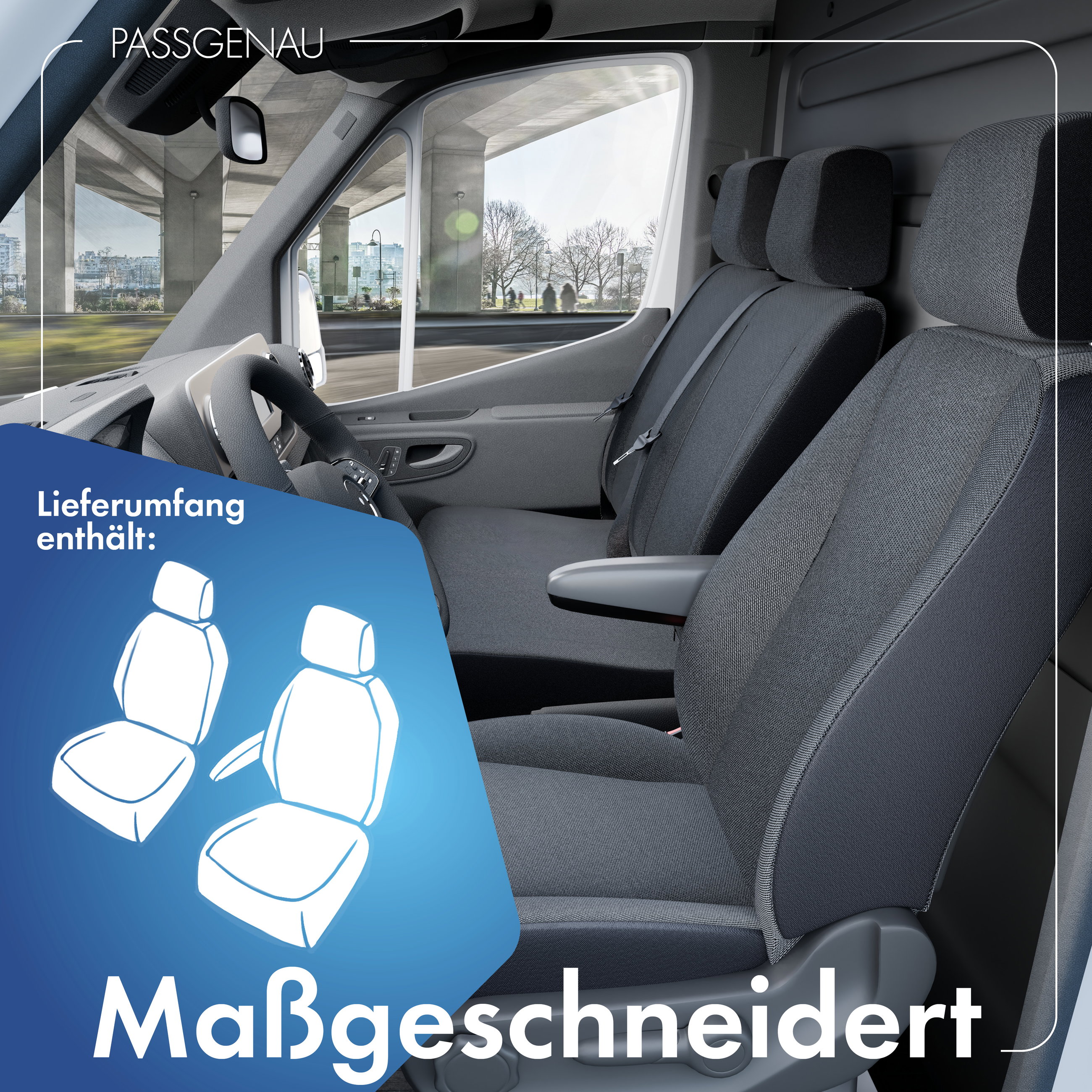 Ford Transit Courier B460 kompatibler Sitzbezug Stoff, passgenau für Einzelsitz Fahrer (Ausnehmung Armlehne rechts) + Einzelsitz Beifahrer, robuste Sitzbezüge Transporter/Van anthrazit