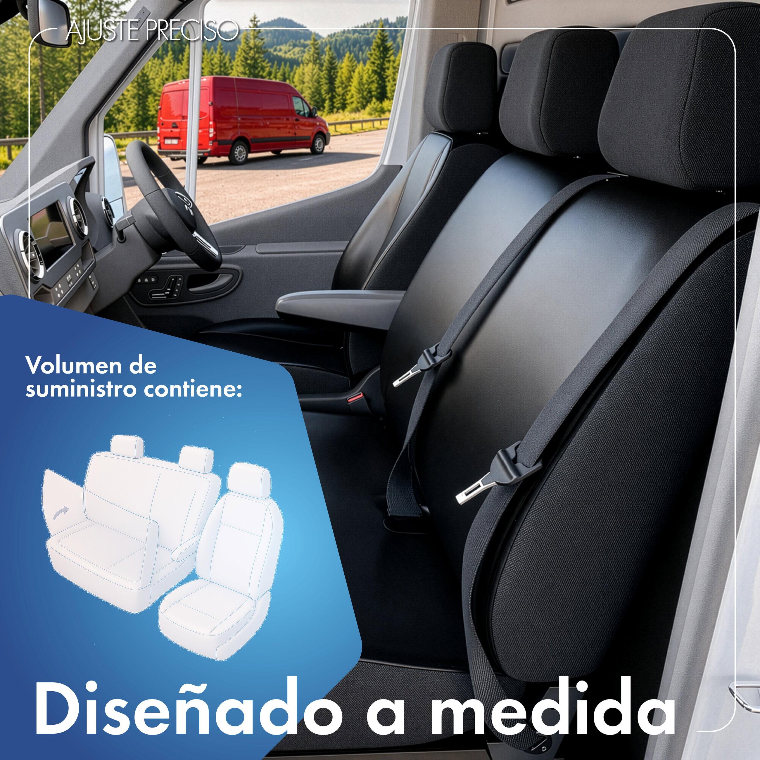 Mercedes-Benz Sprinter, VW Crafter funda de asiento compatible de cuero sintético, ajuste perfecto para asiento individual delantero (hueco reposabrazos) + banco doble delantero abatible (hueco mesa)