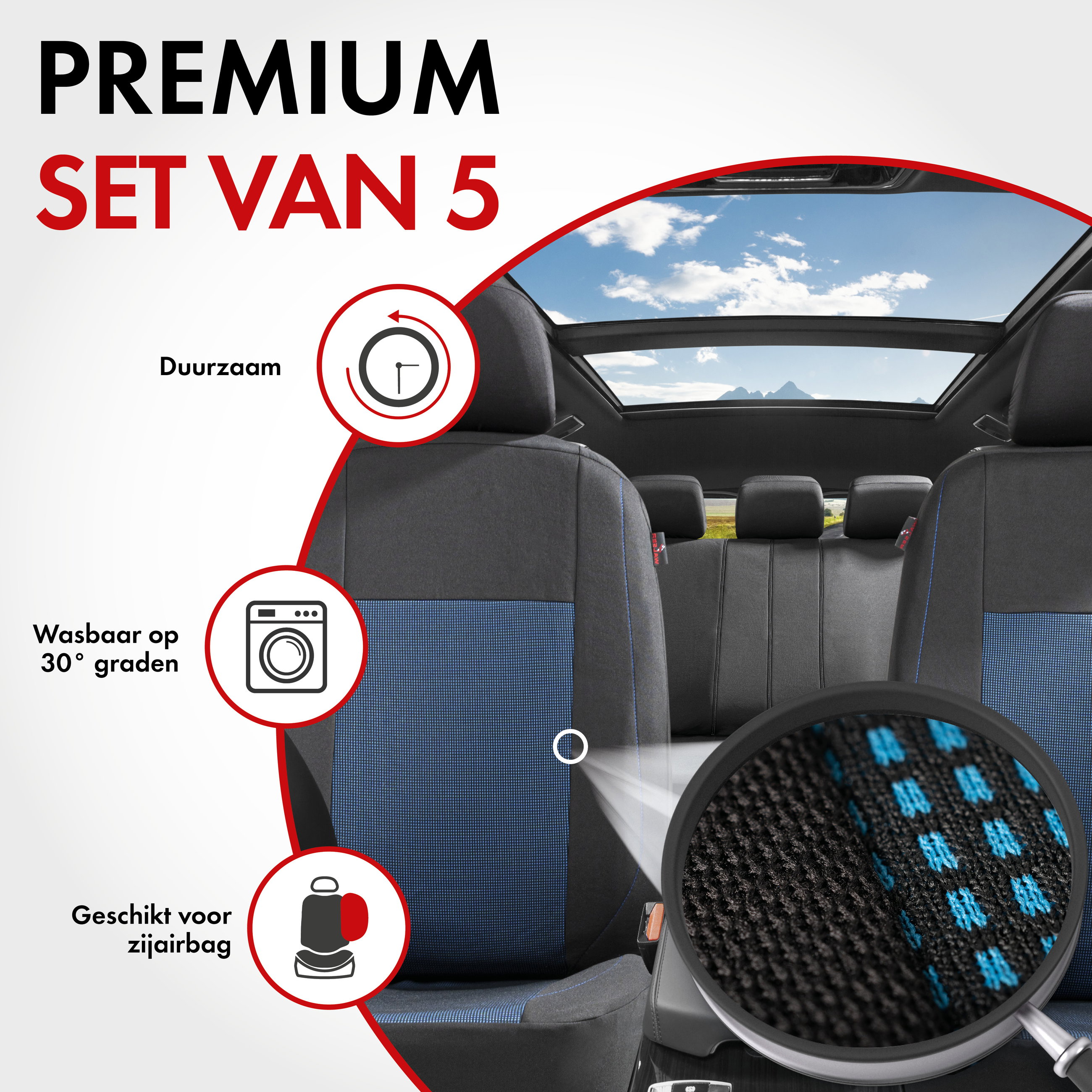 Premium Autostoelbekleding Ardwell met Zipper ZIPP-IT, Autostoelhoes set, 2 stoelbeschermer voor voorstoel, 1 stoelbeschermer voor achterbank zwart/blauw