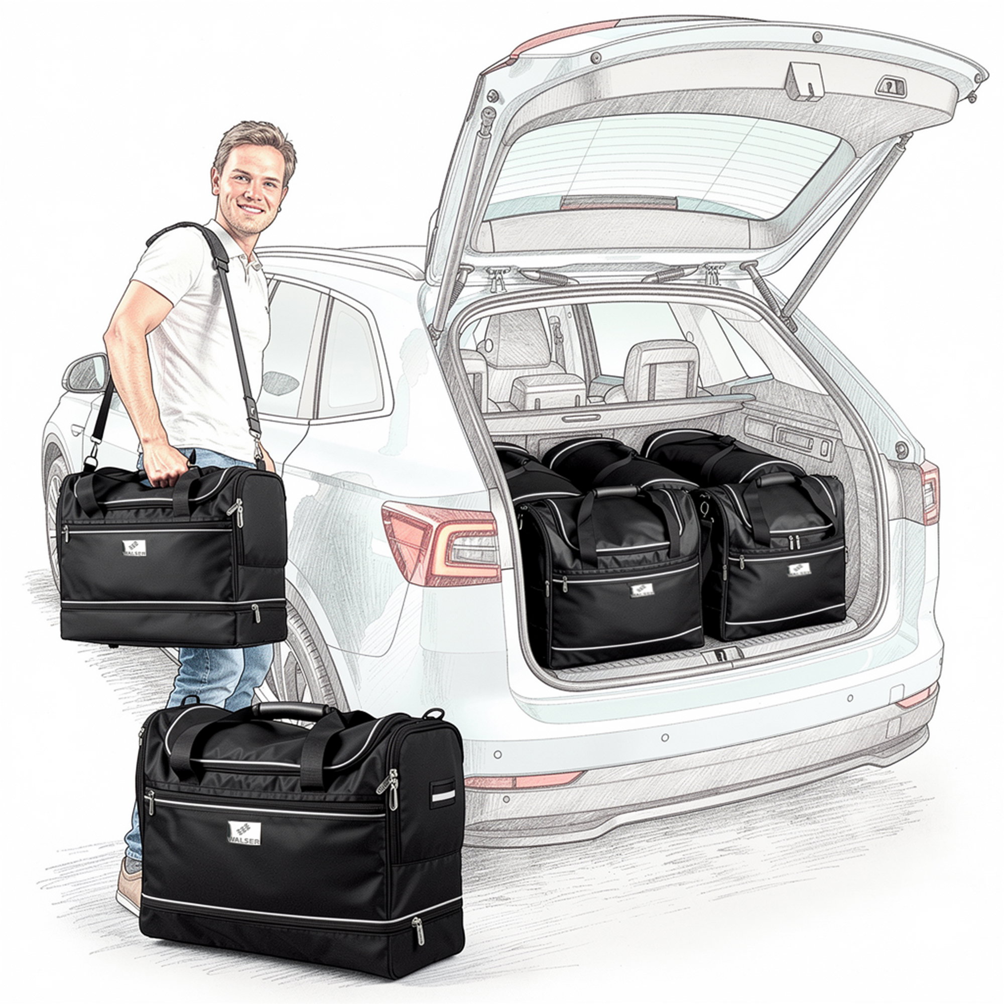 Carbags travel bag set for Tesla Model Y, perfectly fitting boot bag set, 5-piece set consisting of 3x trolley bags (130 l), 3x travel bags (45 l), 1x