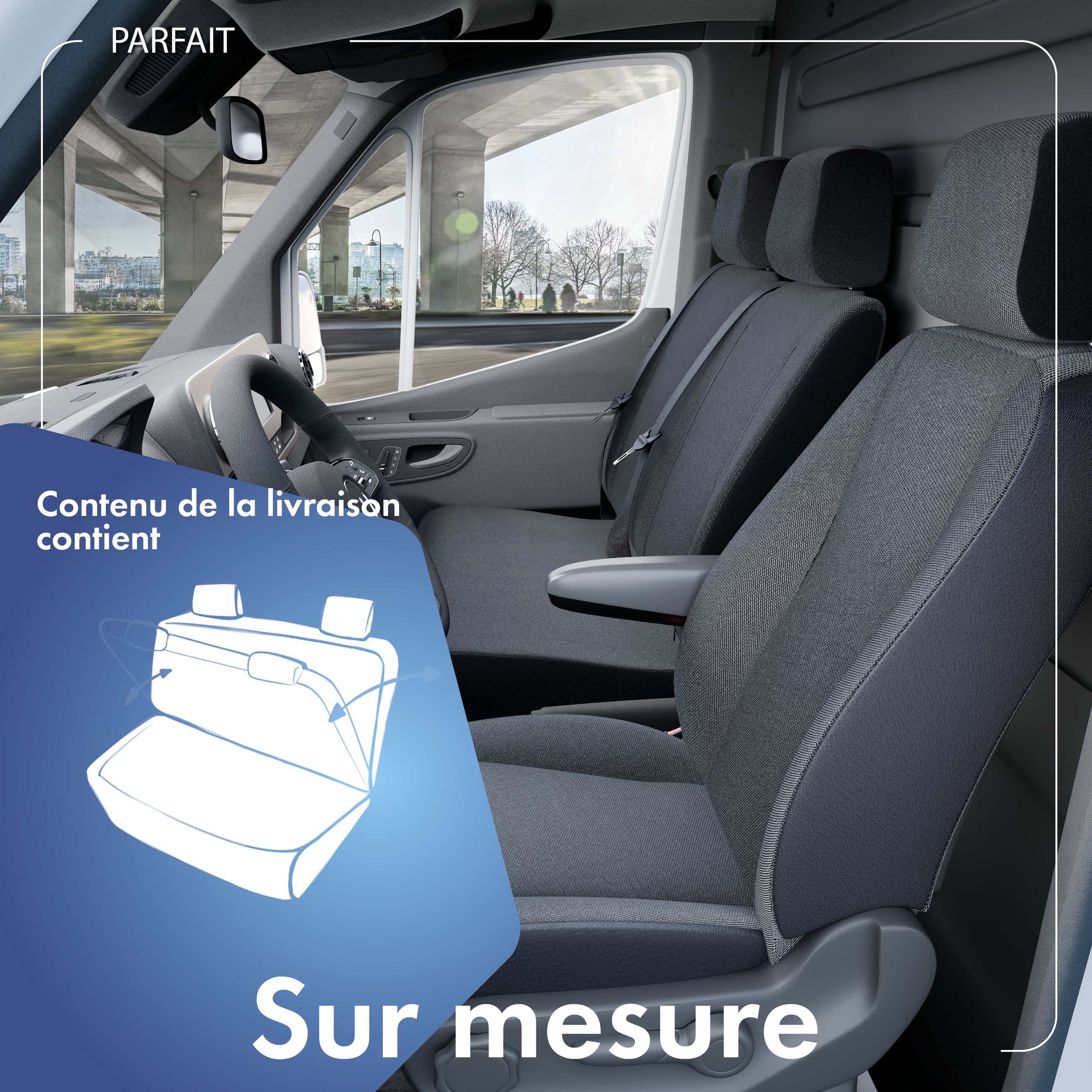 Housse de siège Transporter en tissu pour VW T6, double banquette avant pliable