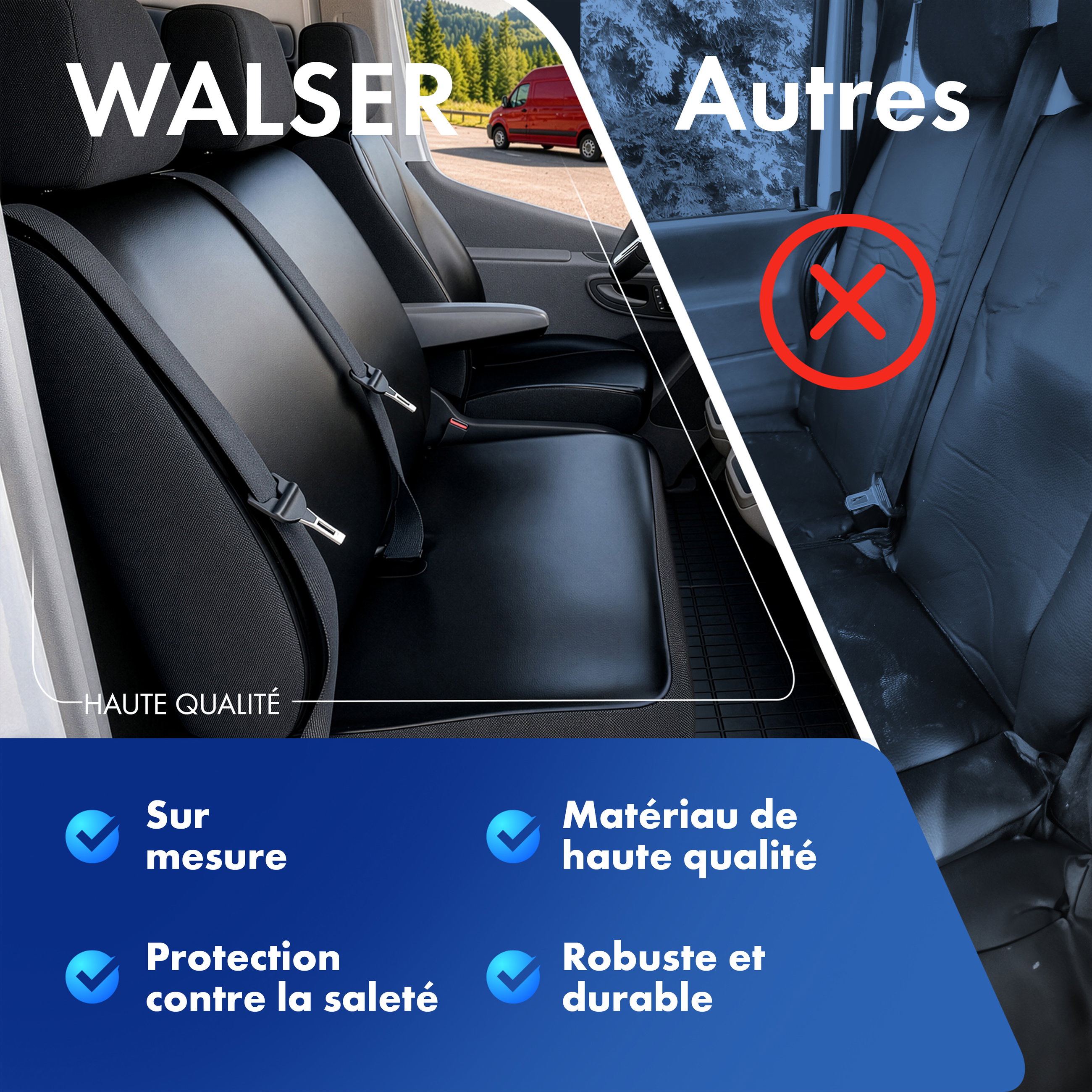 Housse de siège Transporter en simili cuir pour Mercedes-Benz Viano/Vito, 2 sièges individuels à l'avant (évidement accoudoir intérieur)