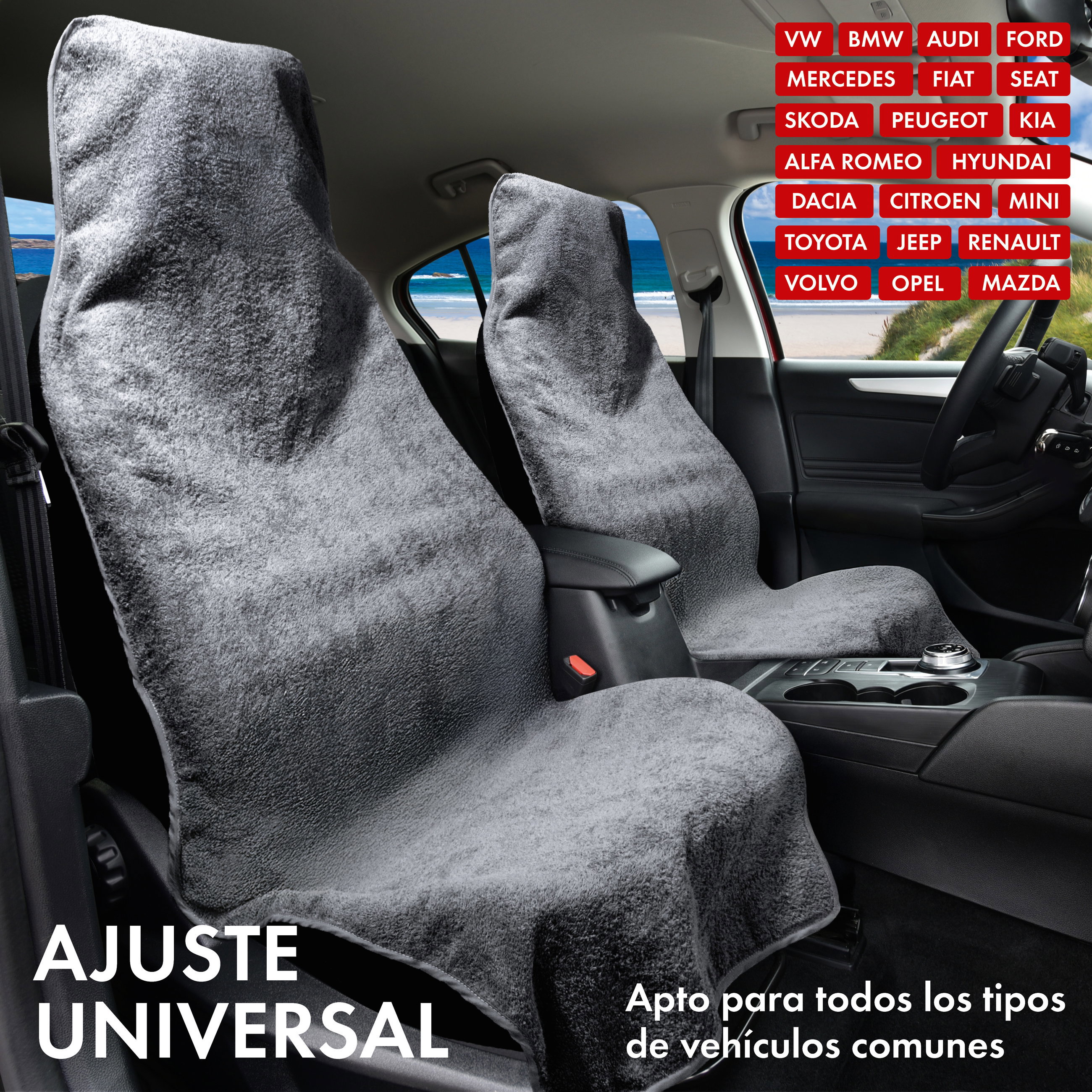 Coche cojín de asiento de Frottee, coche protector de asiento lavable gris, 2 pieza