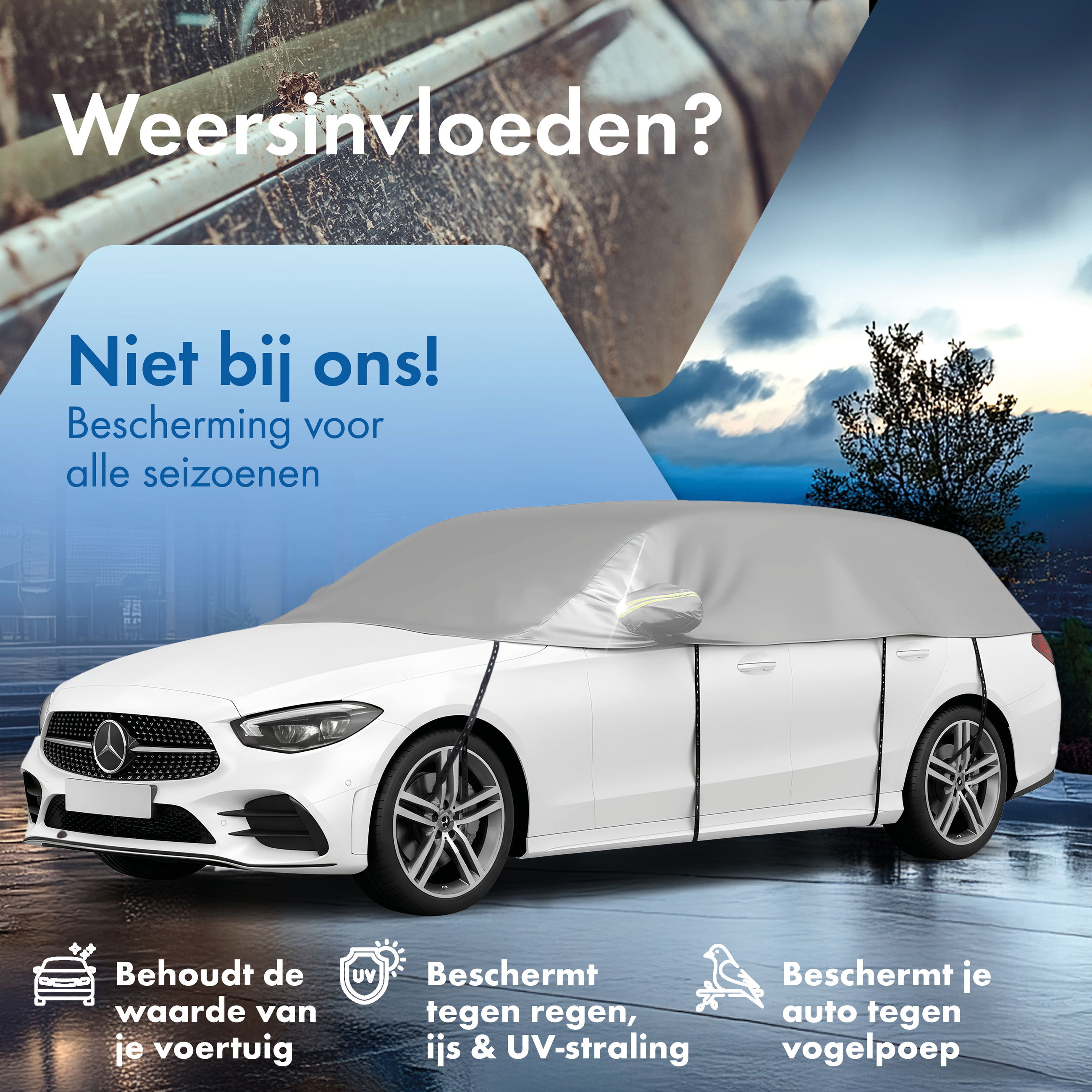 Werbung, Plakat, Auto, Fahrzeug, Rad, Werbung, Plakat, Auto, Fahrzeug, Rad, Autoabdeckung, Autocover, Autopflege, Weiße Karosserie, Wetterfest