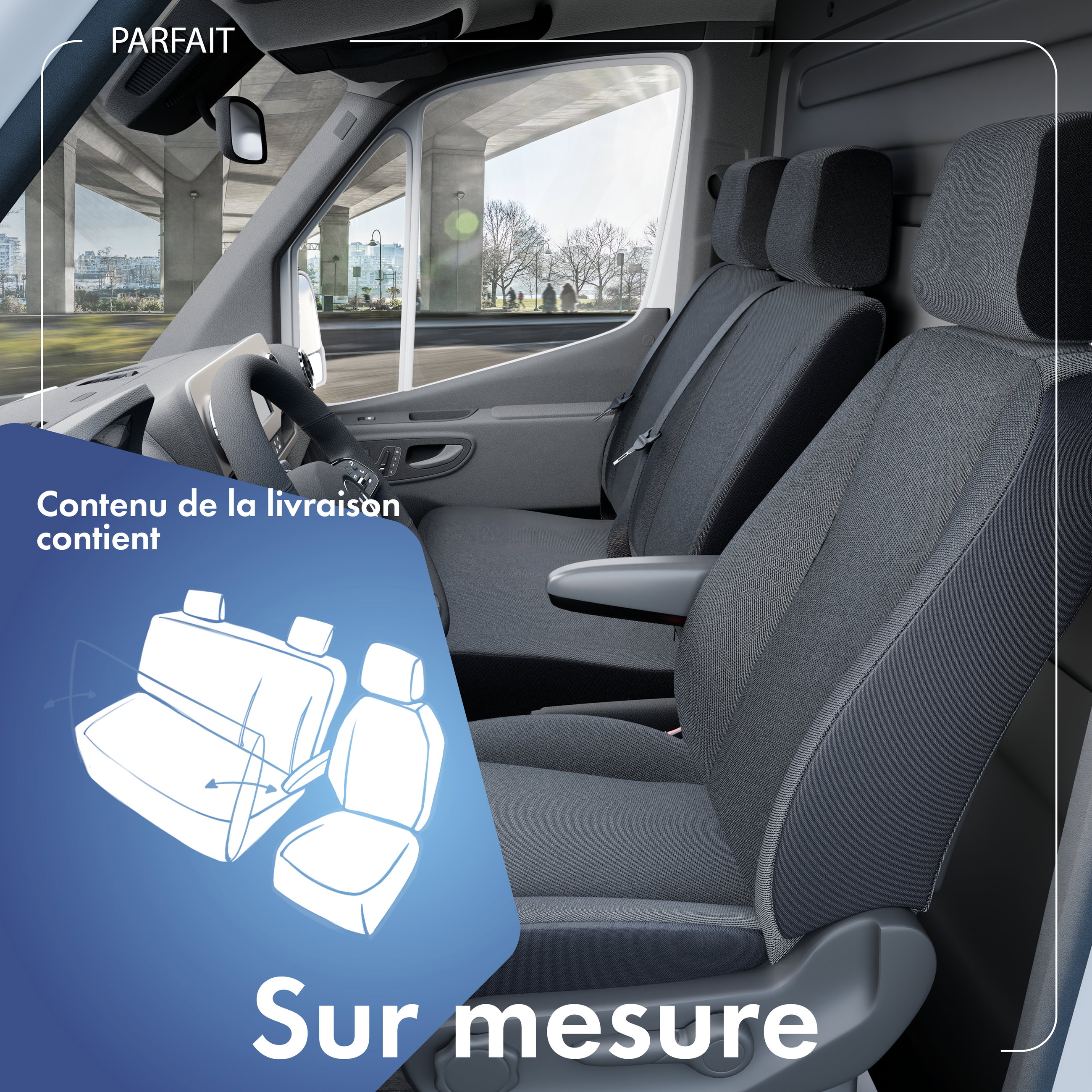Housse de siège Transporter en tissu pour VW Crafter, Mercedes Sprinter, 1 siège individuel à l'avant (évidement accoudoir) & double banquette avant rabattable