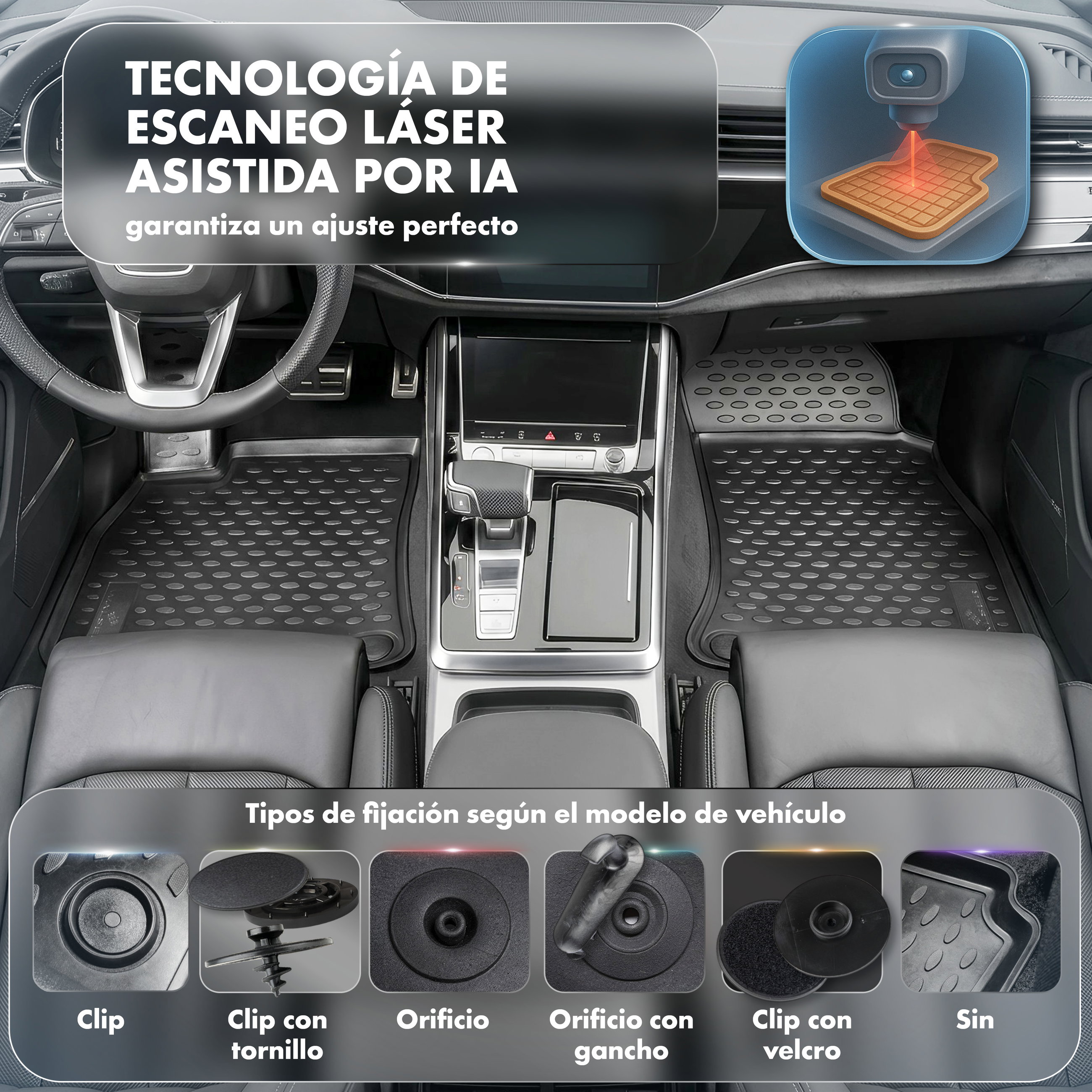 Interior automóvil, pisos coche, alfombrillas, cuero, pantalla central