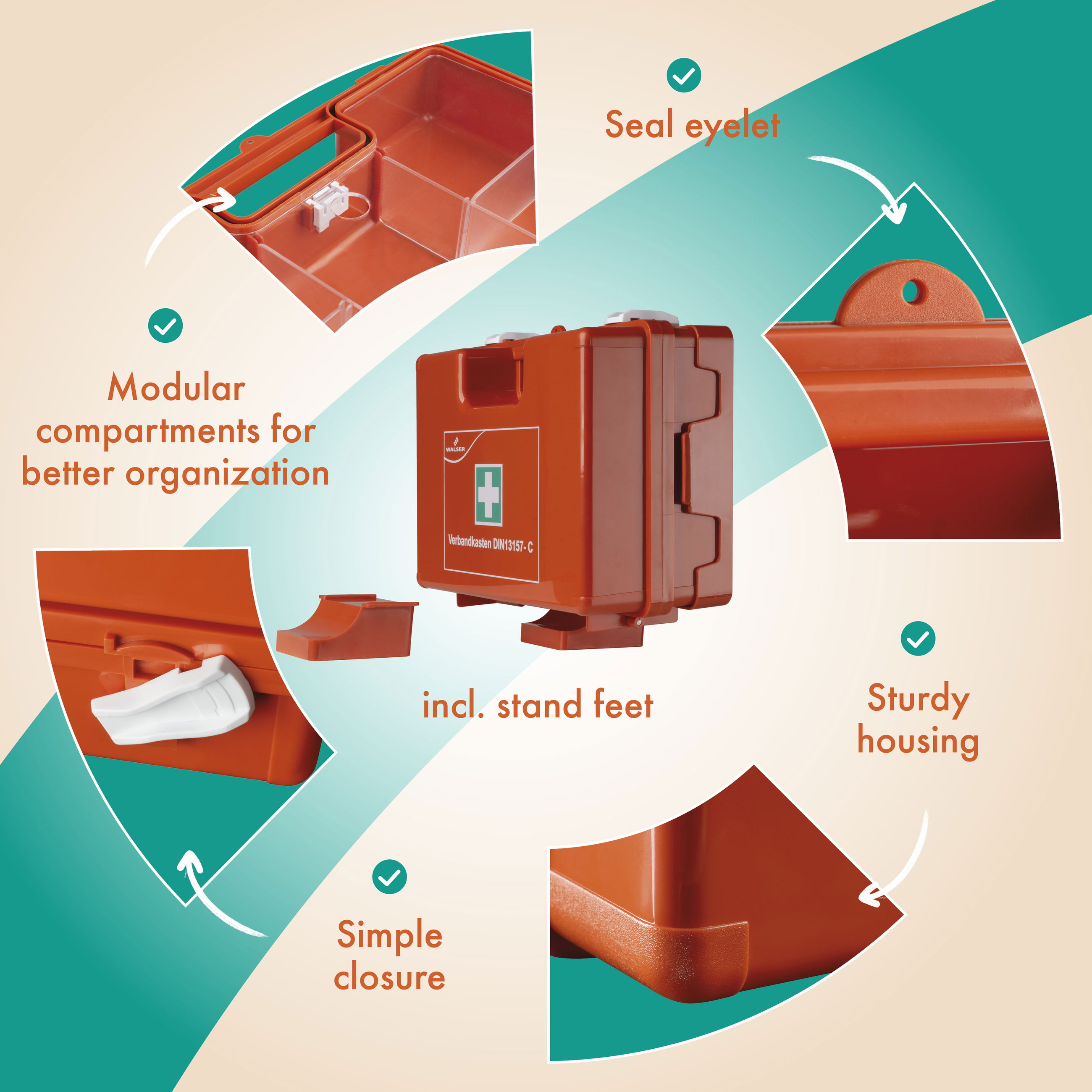 erste-hilfe-kasten, modulare-fächer, standfüße, robuste-gehäuse, einfache-schl​​oss
