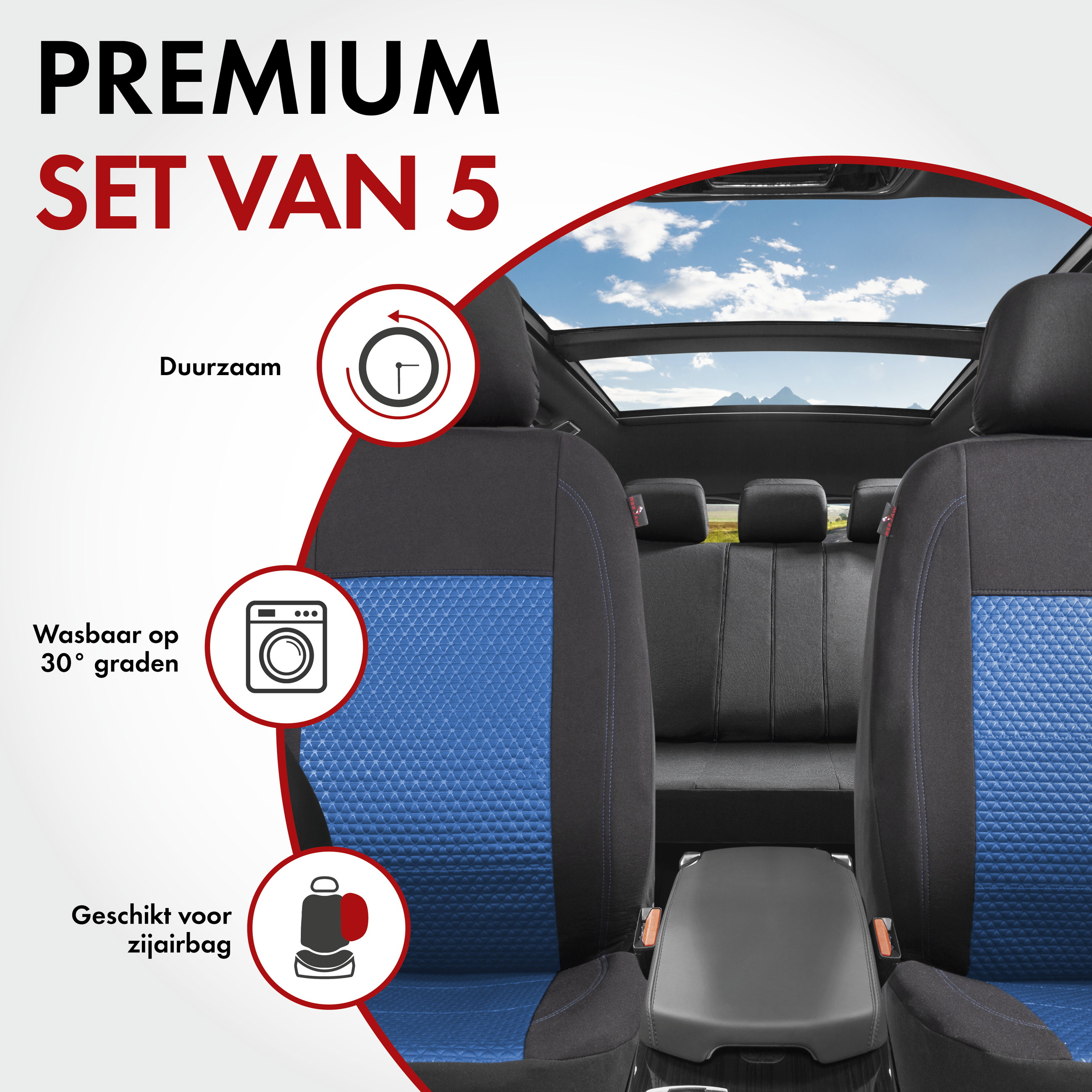 Premium Autostoelbekleding Avignon met Zipper ZIPP-IT, Autostoelhoes set, 2 stoelbeschermer voor voorstoel, 1 stoelbeschermer voor achterbank zwart/blauw