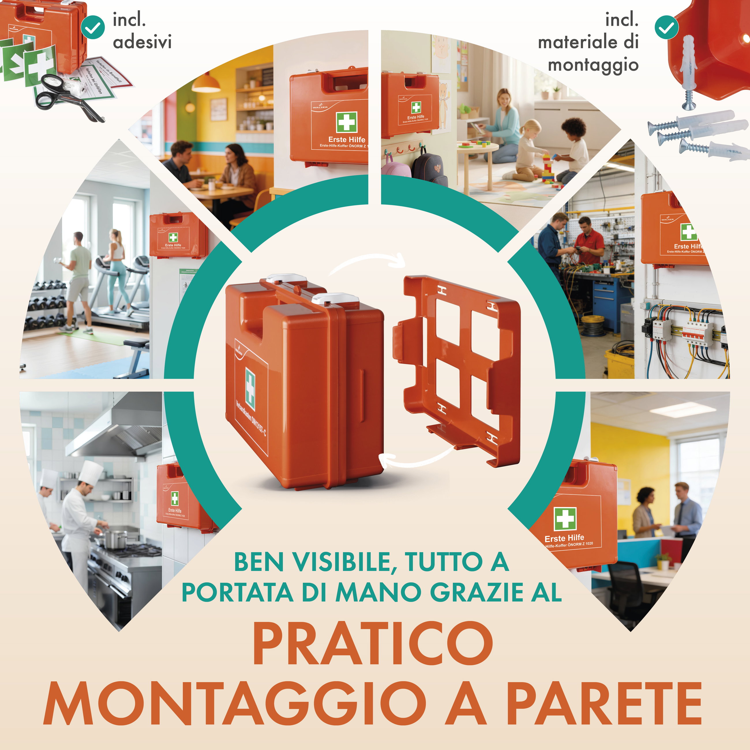 Kit di pronto soccorso secondo la norma austriaca Ö-Norm Z1020:2025, cassetta di pronto soccorso aziendale incl. supporto a parete, kit sanitario 66 pezzi, cassetta di pronto soccorso per aziende e cantieri, kit pronto soccorso per ufficio/casa