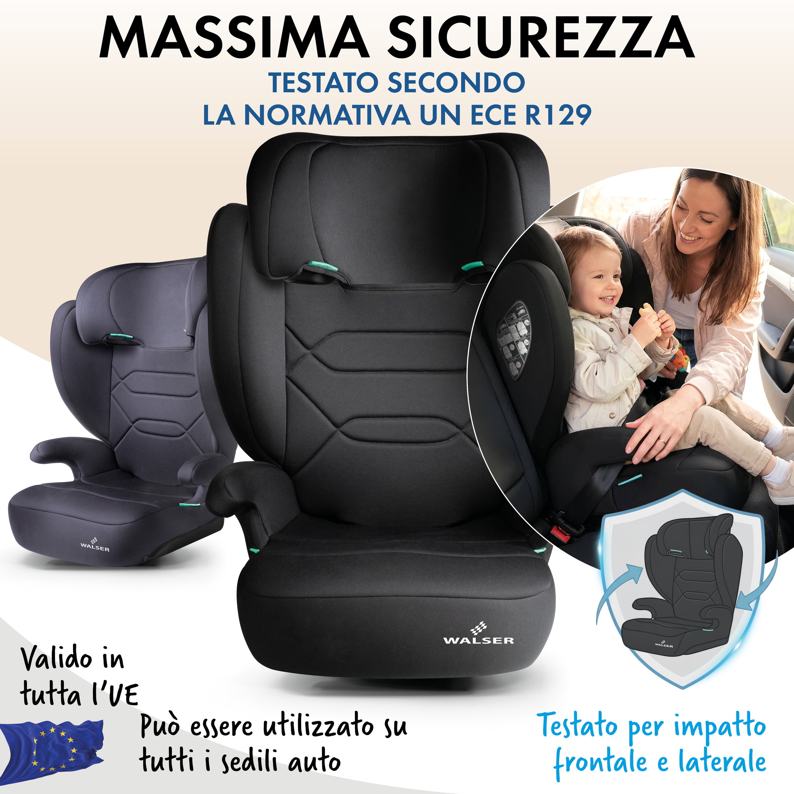 Seggiolino auto Numa, seggiolino confortevole (3-8 anni) 100-150 cm, seggiolino auto 2in1 con schienale rimovibile e poggiatesta regolabile ECE R 129 certificato nero