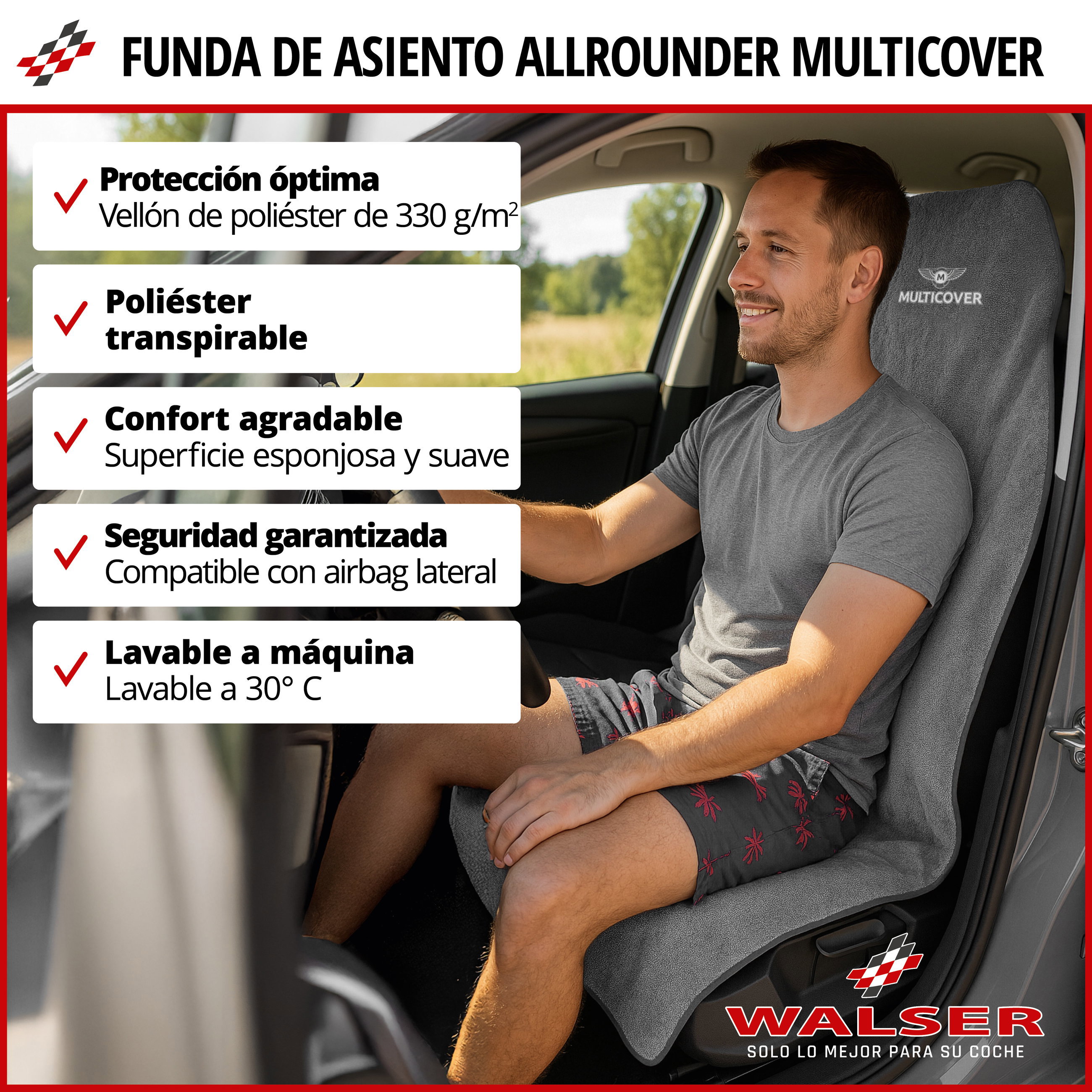 Coche-protector de asiento Multicover, coche-cojín de asiento lavable gris, 1 pieza