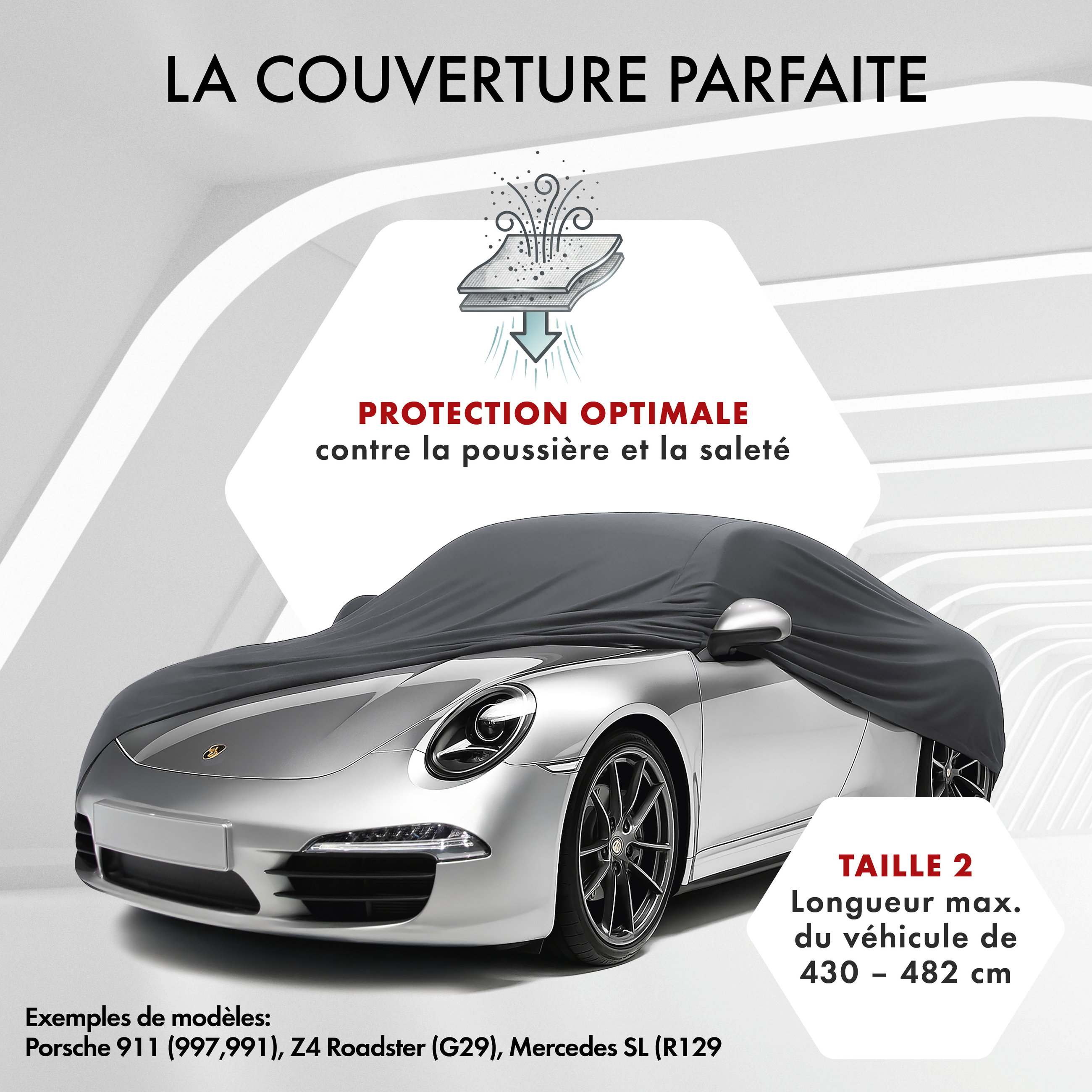 Housse de voiture Indoor Stretch, bâche complet pour l\'interieur taille 2 voiture anthracite