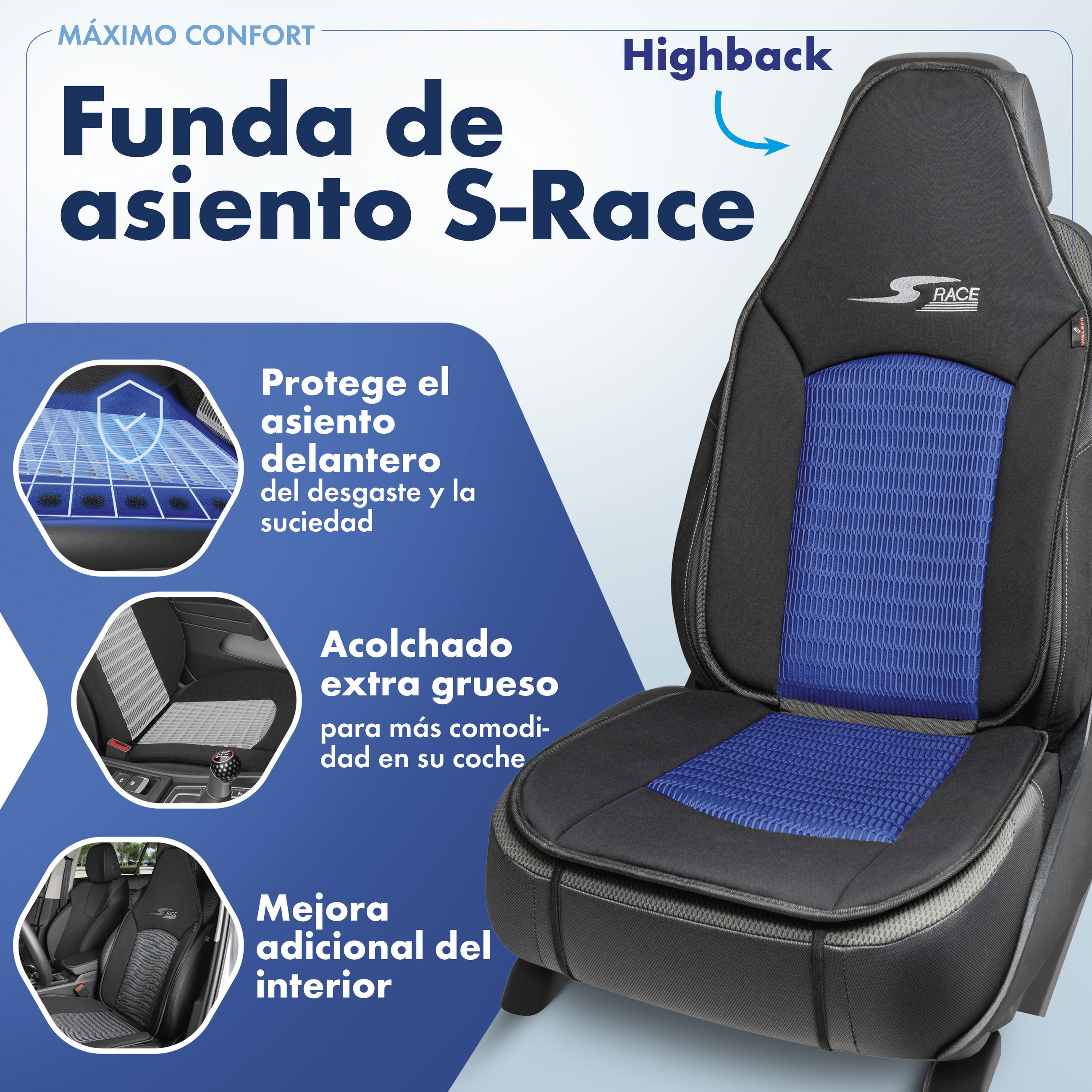 Cojín de asiento S-Race, coche protector de asiento para Highback-/asientos tipo piloto, coche protector de asiento asientos delanteros azul, 1 pieza