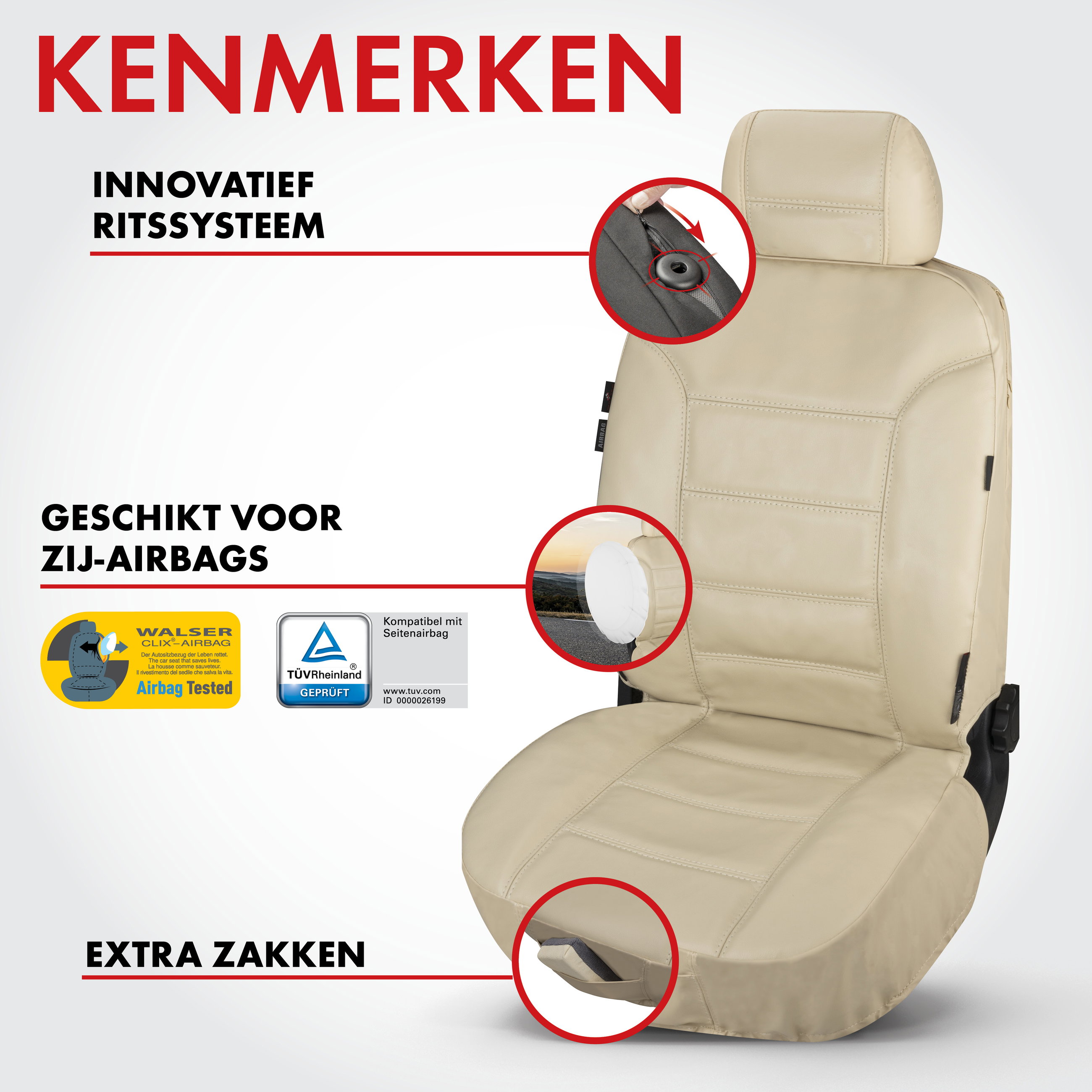 Autostoelhoes Billy van echt leer beige ZIPP-IT, 1 stuk