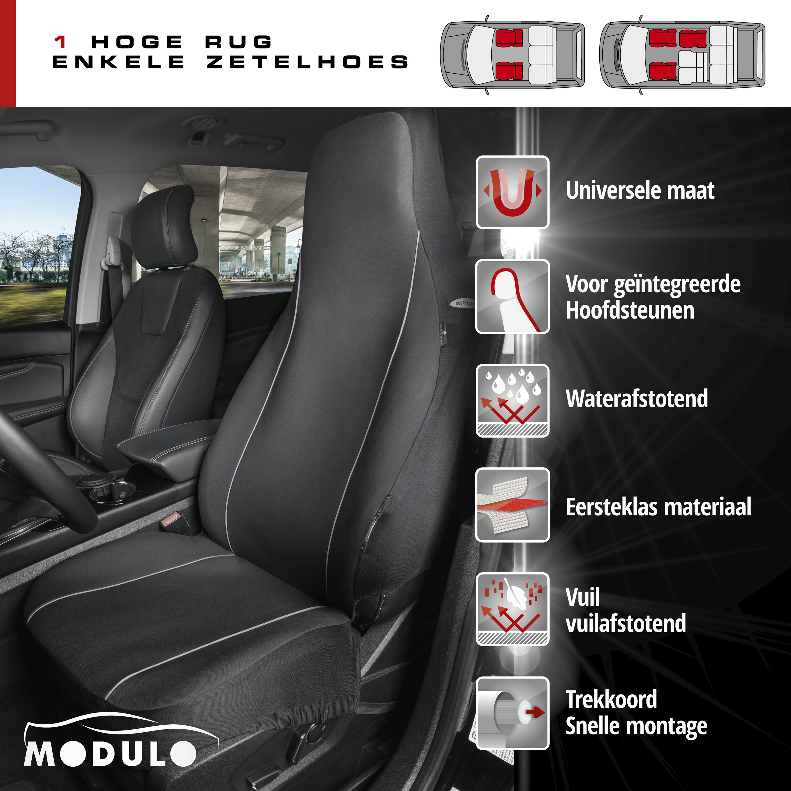 Autostoelhoezen Modulo Highback voor beide voorstoelen zwart universele bijpassende stoelhoezen set