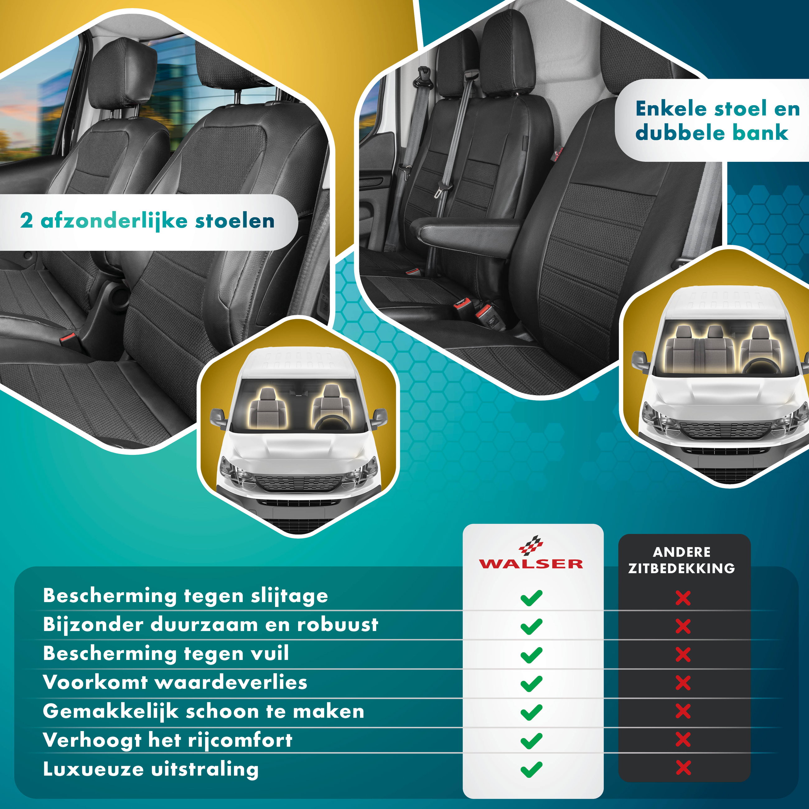 Premium auto stoelhoezen compatibel met VW T6 enkele zit voor en dubbele bank in kunstleder vanaf bouwjaar 2014 - Vandaag