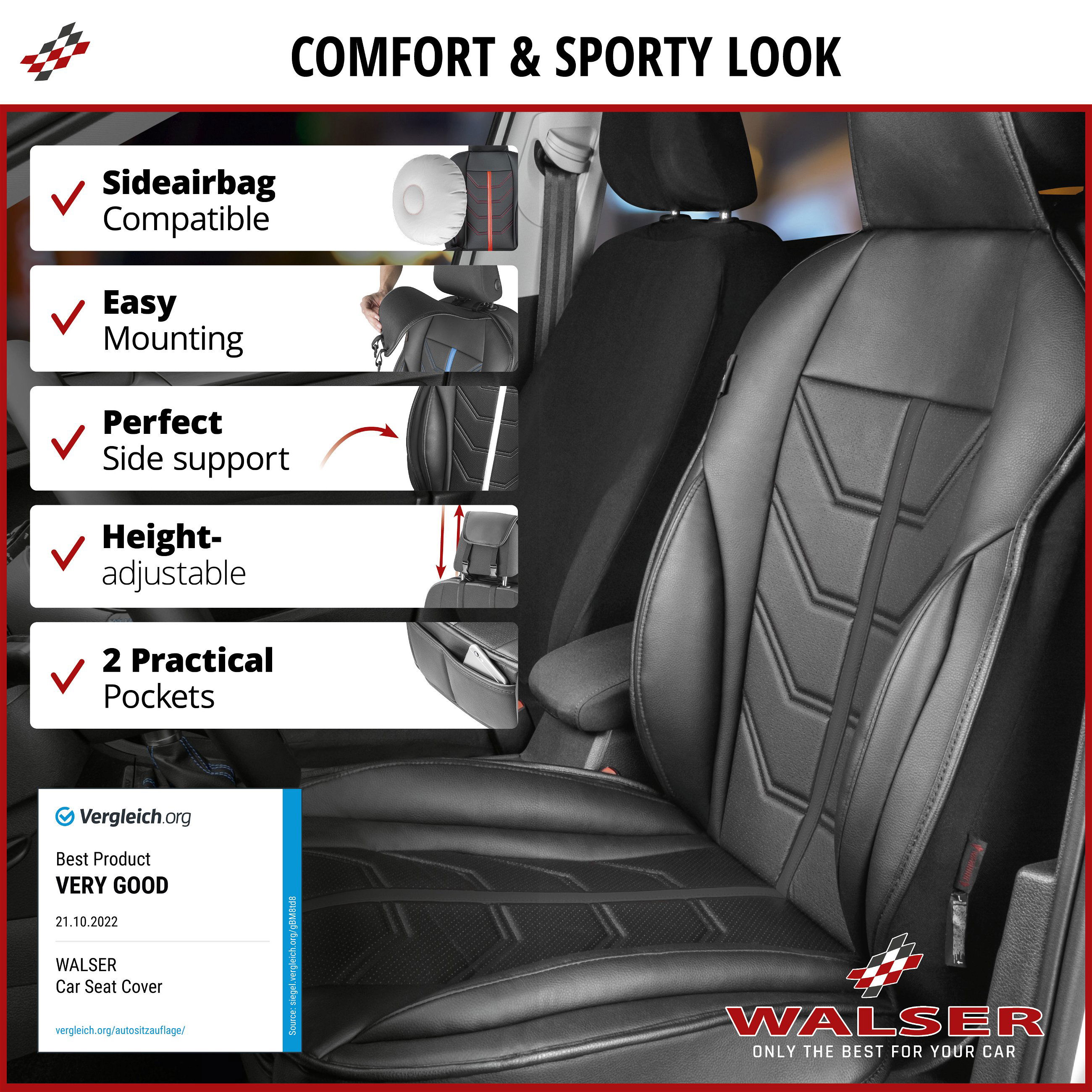 Car Seat cover Kimi seat protector for cars in racing look black 1 piece Black 13956