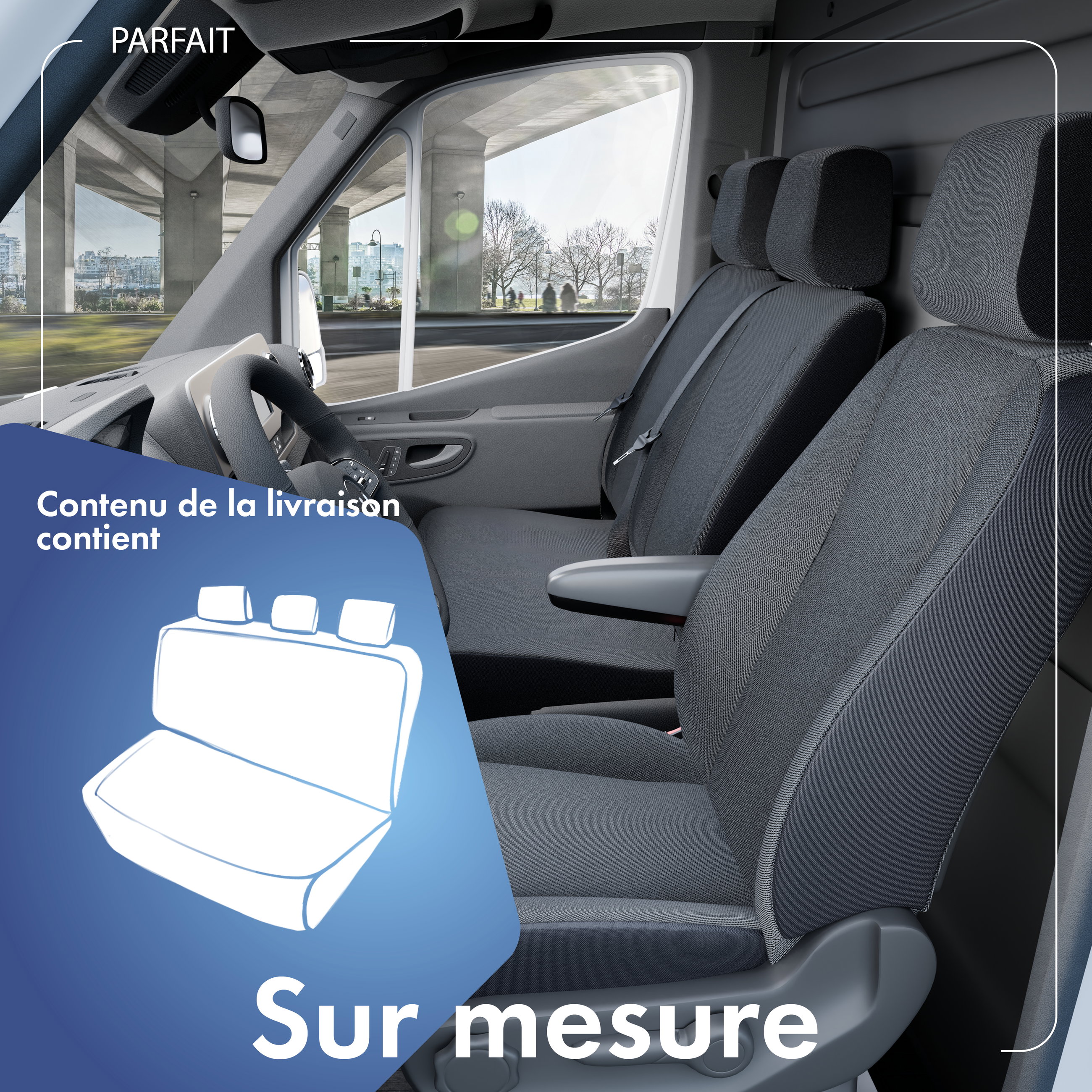 Housse de siège Transporter en tissu pour VW T5, banquette 3 places