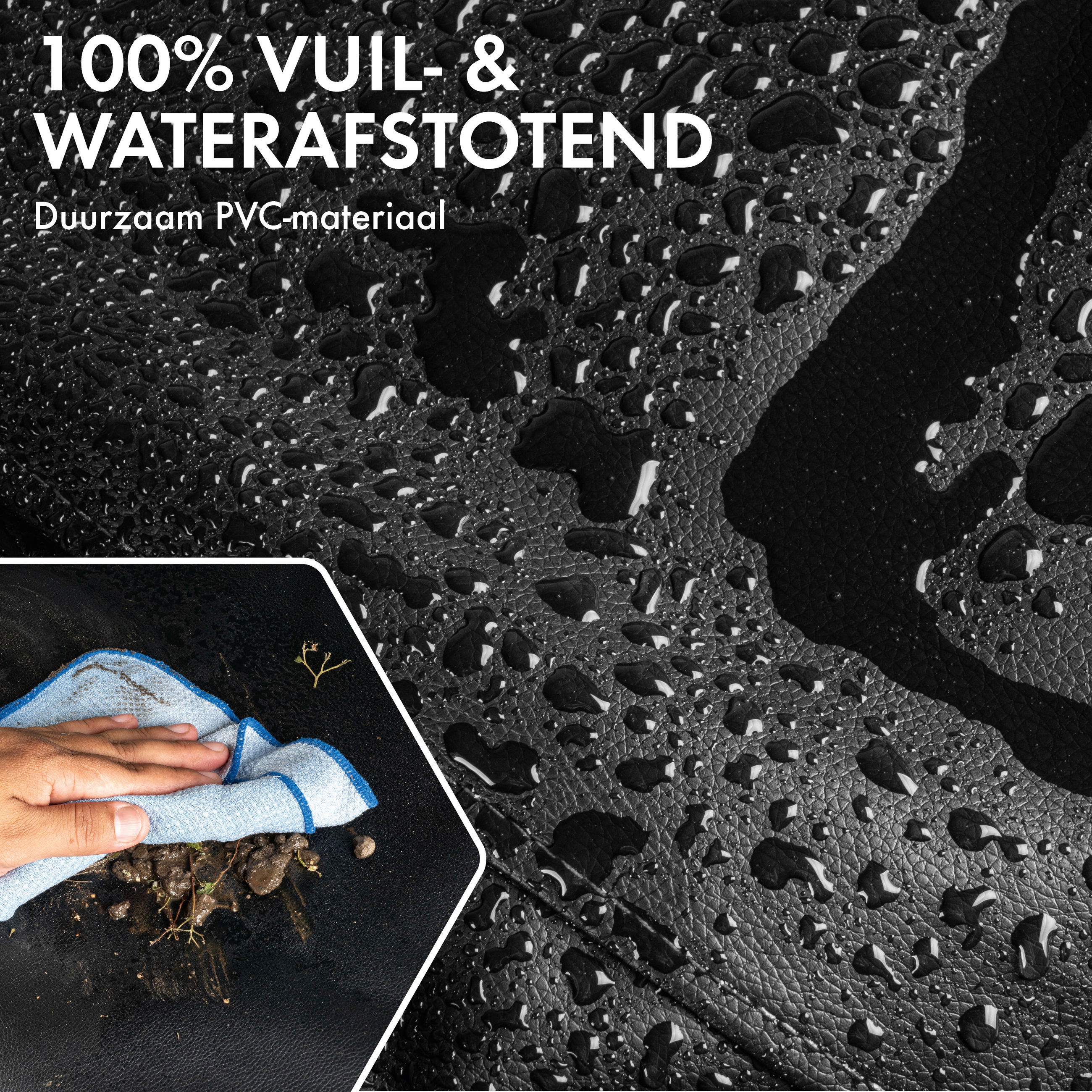 PVC, Schwarze Oberfläche, Wasserabweisend, Gepolsterte Textur, Reinigung mit Tuch