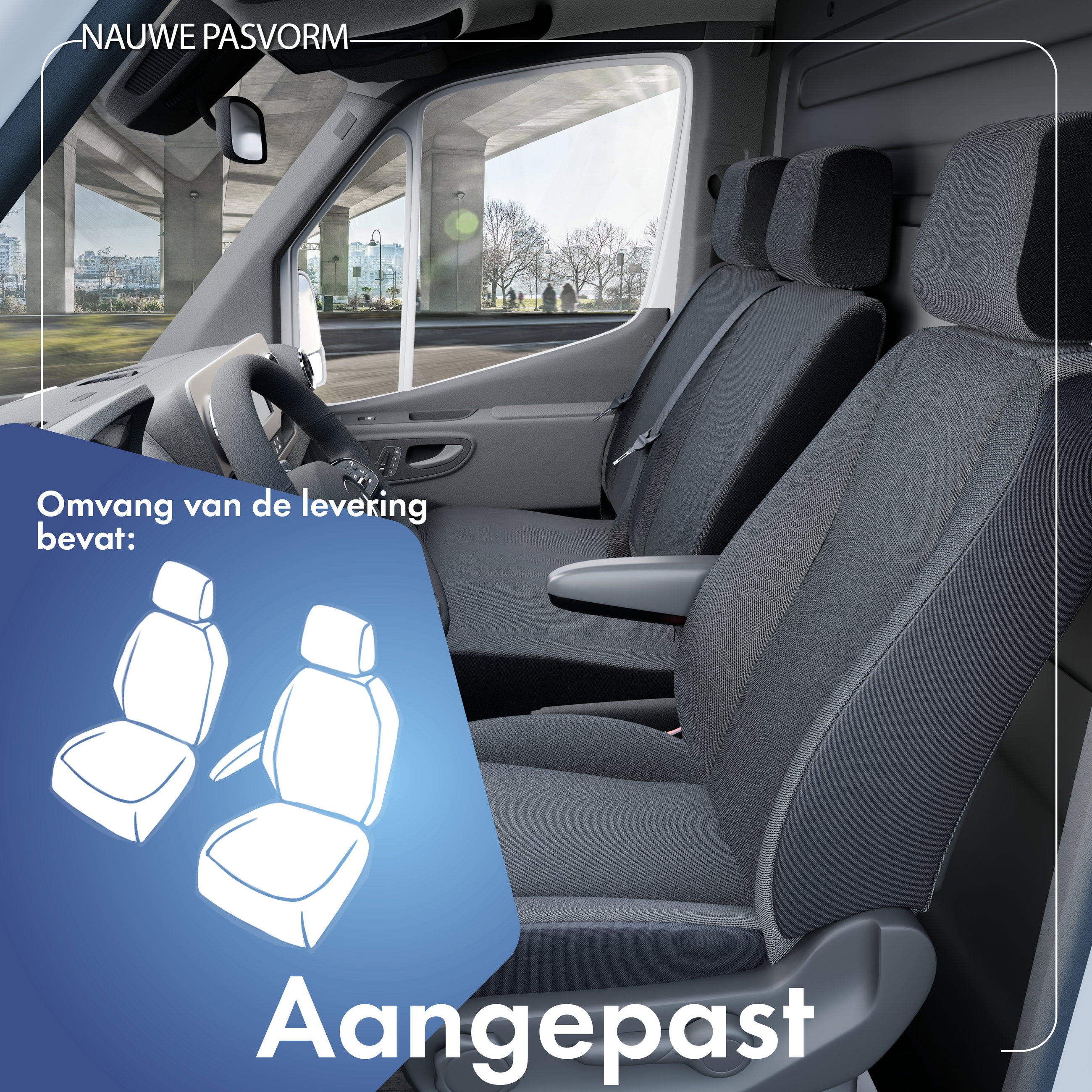 Autostoelhoes Transporter Fit van stof antraciet geschikt voor Ford Transit Courier 2, 1 enkele zitplaats bestuurder (armleuninguitsparing rechts) & enkele zitplaats voorpassagier