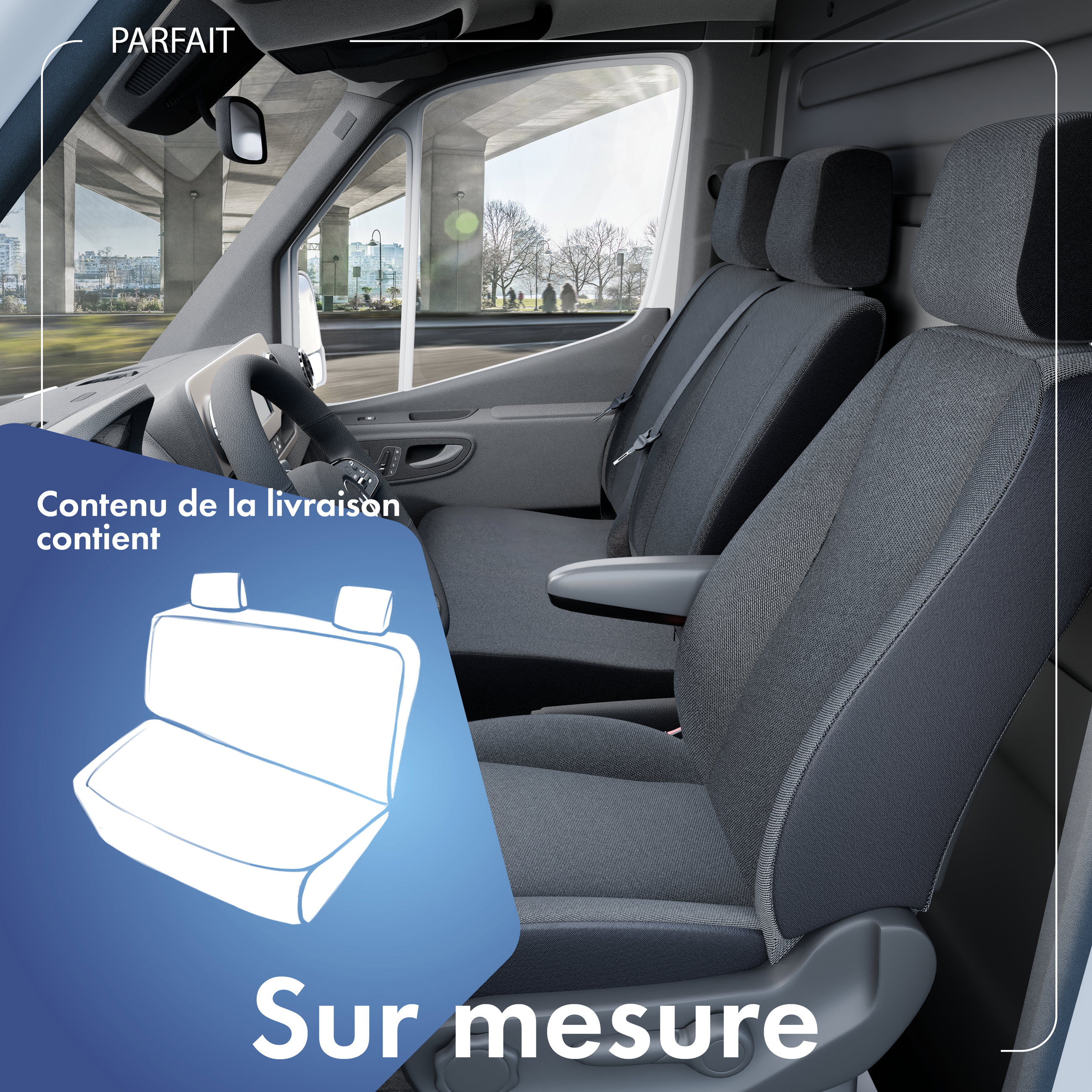 Housse de siège Transporter en tissu pour Mercedes Vito 447, double banquette avant