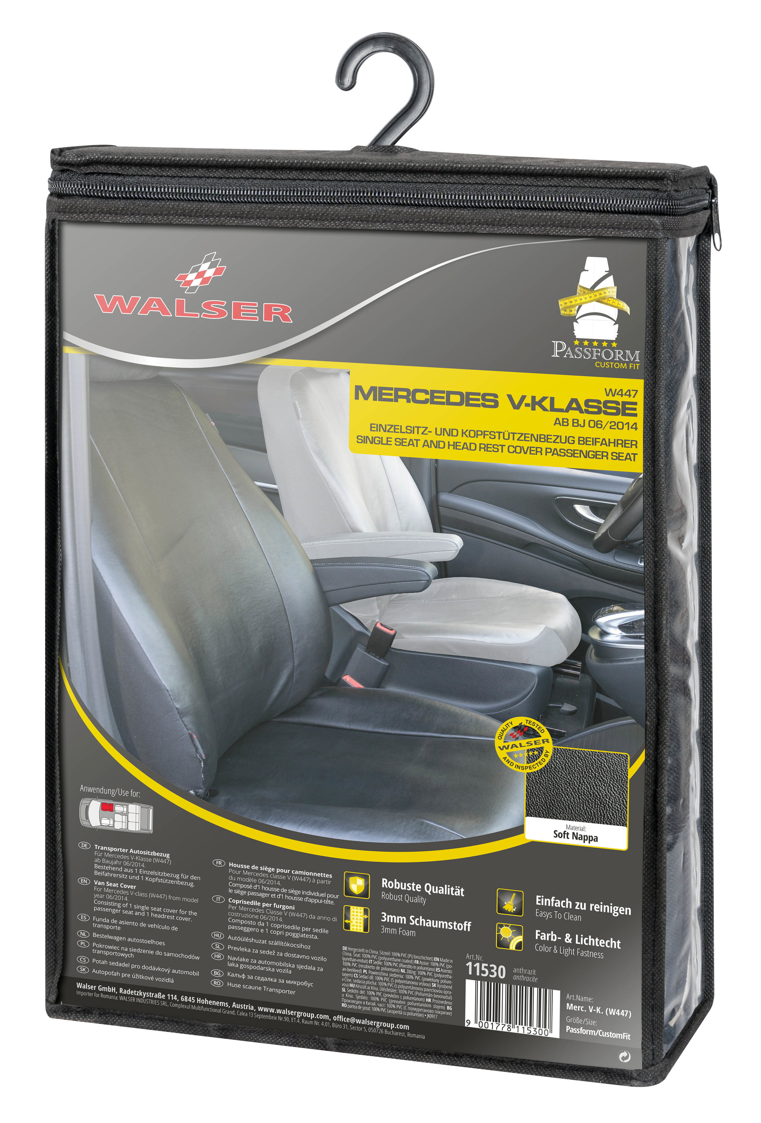 Transporter Coprisedili in similpelle per Mercedes-Benz Classe V 447, 1 sedile singolo passeggero anteriore (incavo del bracciolo a sinistra)