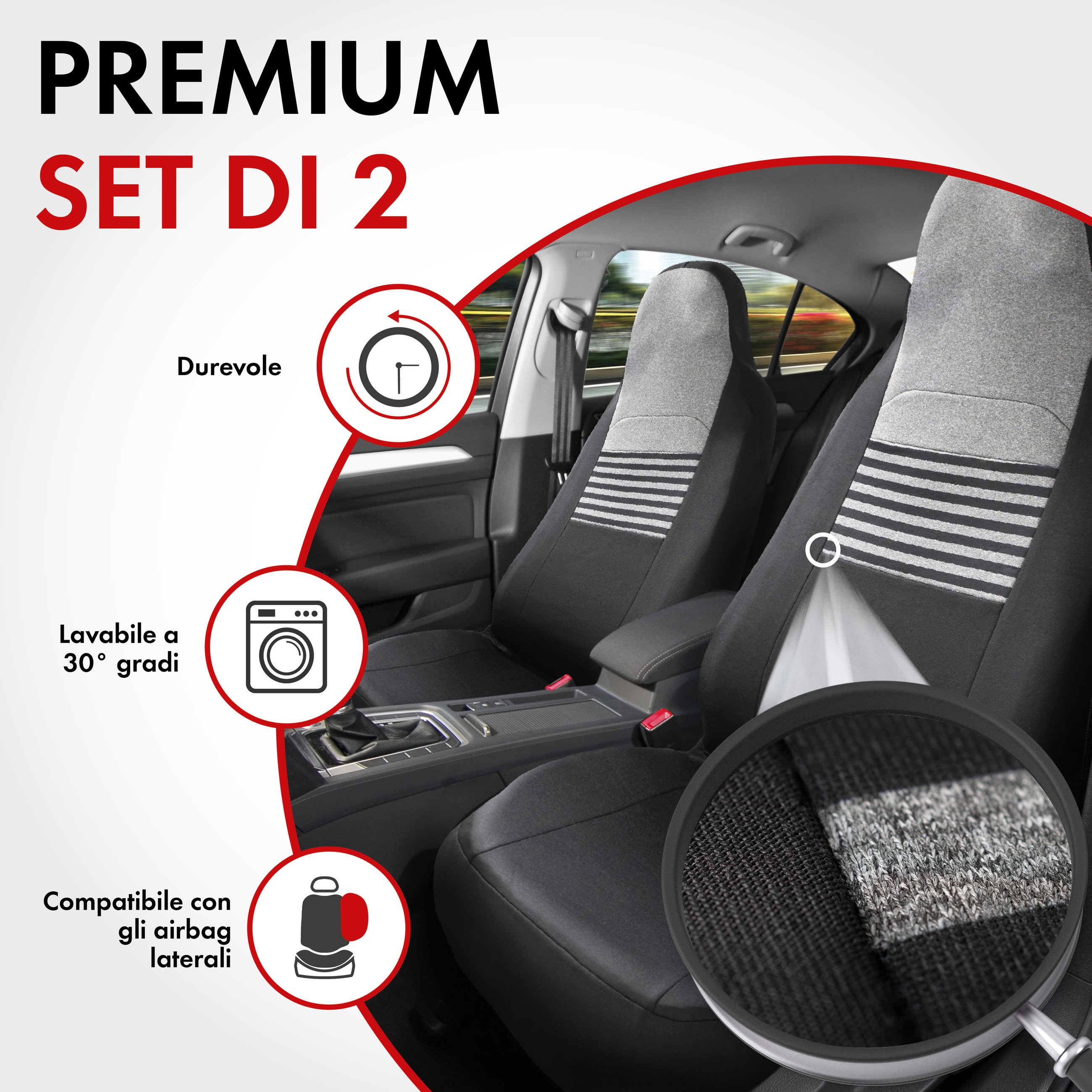 ZIPP IT Premium Coprisedili Gordon per due sedili anteriori con sistema di chiusura lampo nero/grigio