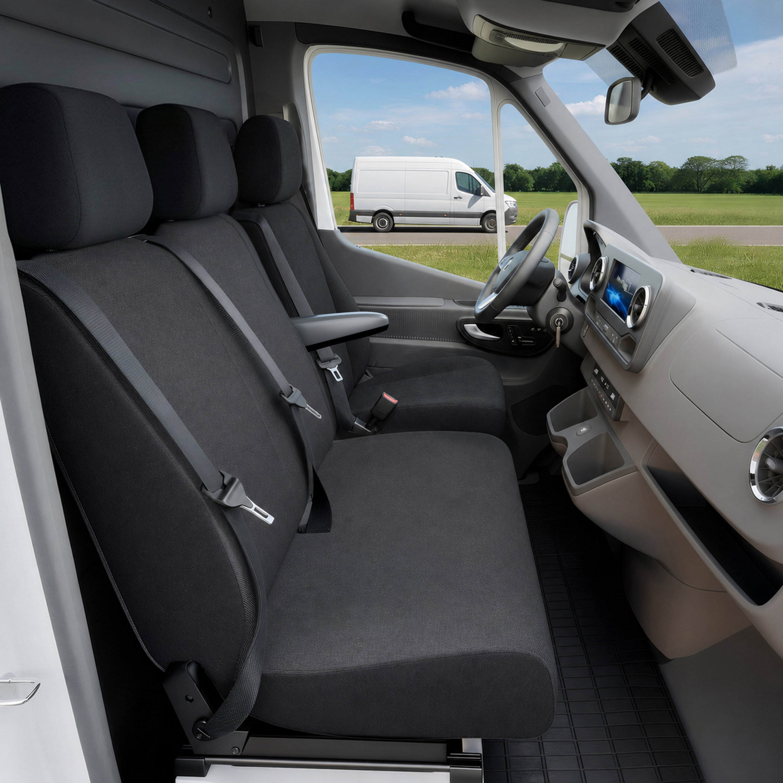 Opel Movano B, Renault Master 3, Nissan NV400 kompatibler Sitzbezug Stoff, passgenau für Einzelsitz vorne (Ausnehmung Armlehne) + Doppelsitz vorne, robuste Sitzbezüge Transporter/Van anthrazit