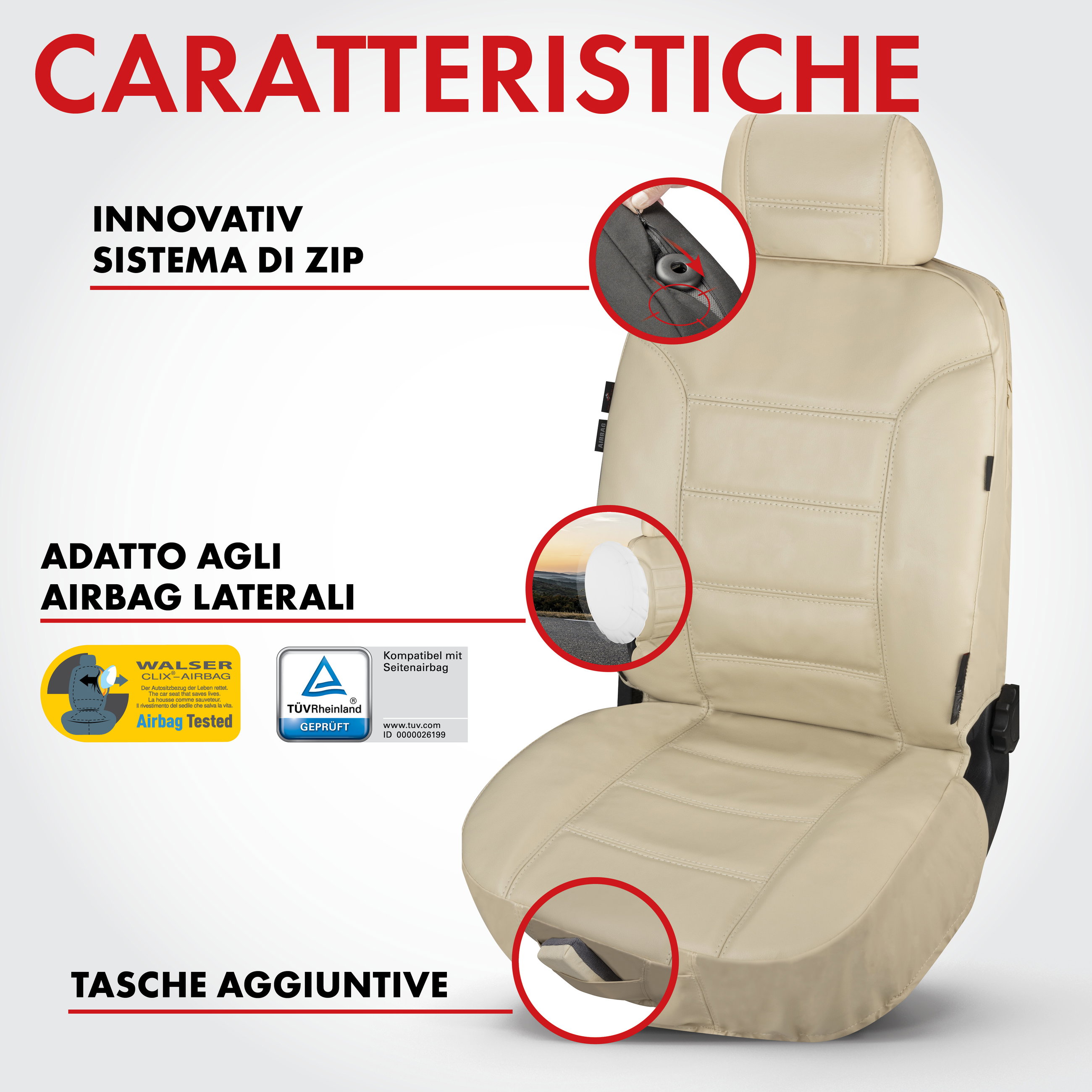 Coprisedili auto Billy in vera pelle beige ZIPP-IT, 1 pezzo
