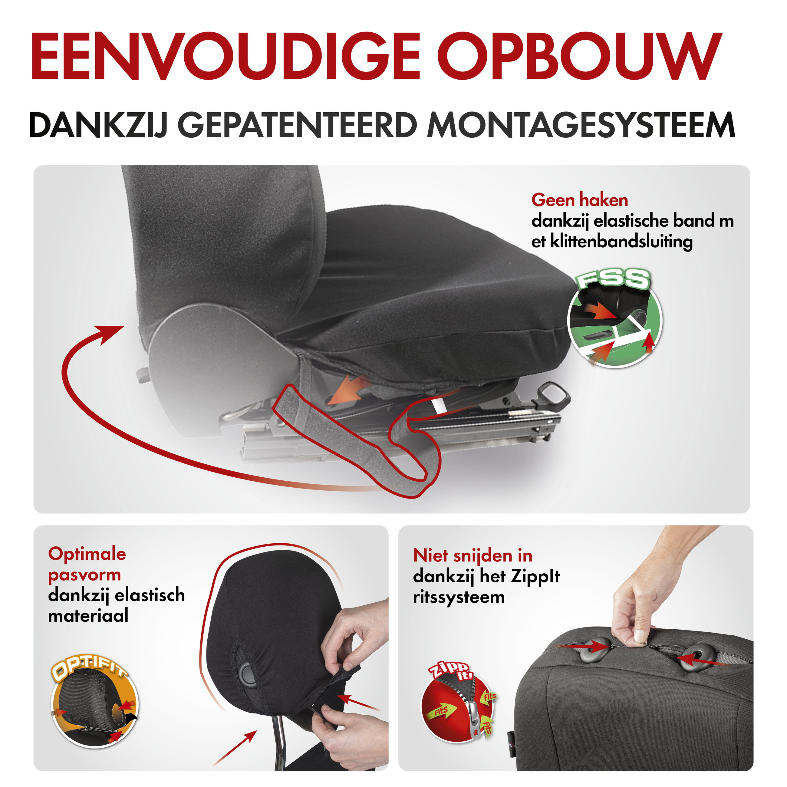 Autostoelbekleding Tratto met Zipper ZIPP-IT, Autostoelhoes set, 2 stoelbeschermer voor voorstoel, 1 stoelbeschermer voor achterbank zwart