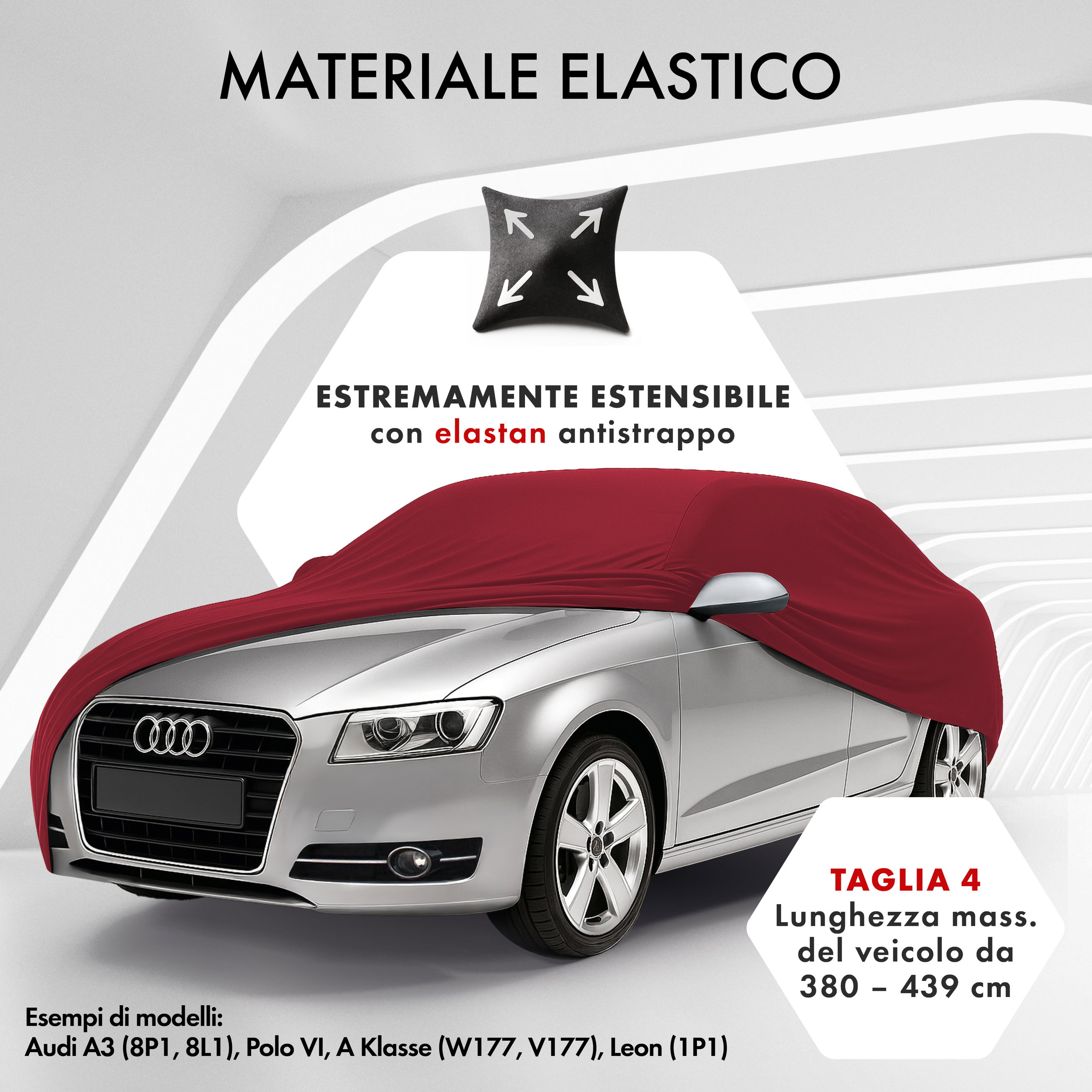 Premium Telo Copriauto da interno Indoor Stretch Plus, Copertura protettiva per uso interno Misura 4 station wagon rosso