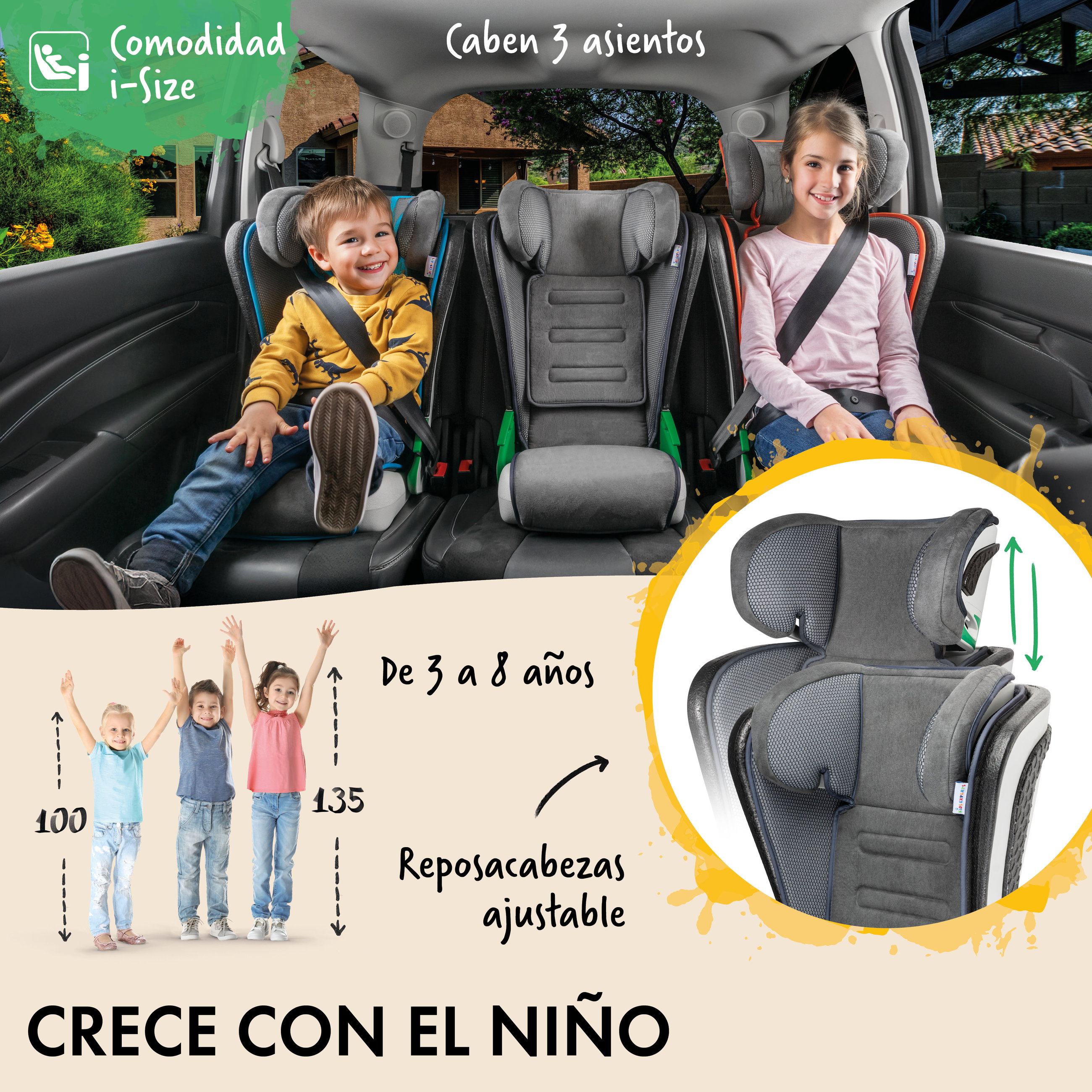 Kissen, Dekoration für Zuhause, Junge, Kind, Person, Autositz, Kindersitz, Dreierreihe, verstellbarer Kopfteil, Grau Stoff