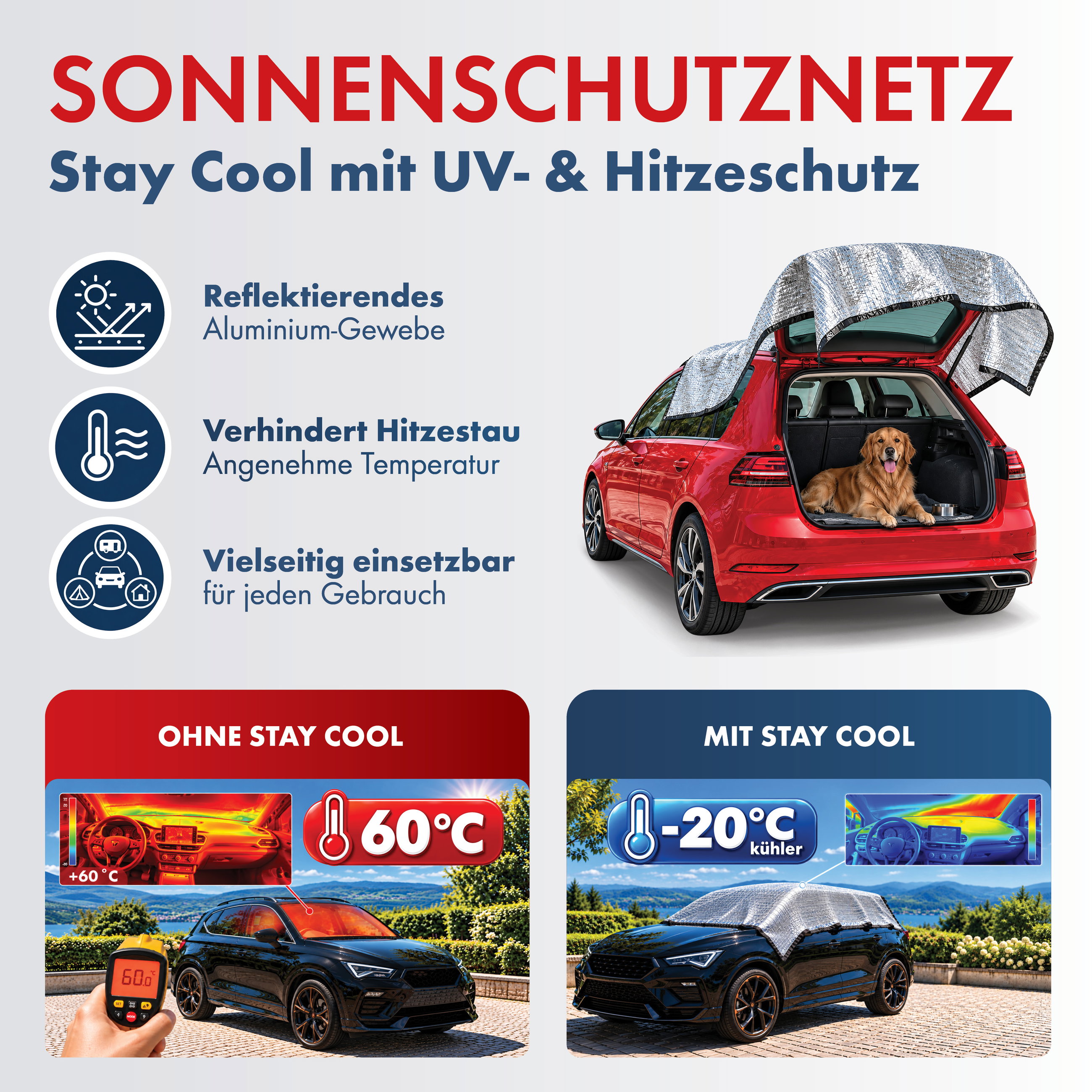 Sonnenschutznetz Stay Cool, Schattennetz Auto (bis zu 20 °C kühler), Sonnenschutz für Hund mit UV-Schutz, Sonnensegel, PKW-Schattenspender silber 4x6m