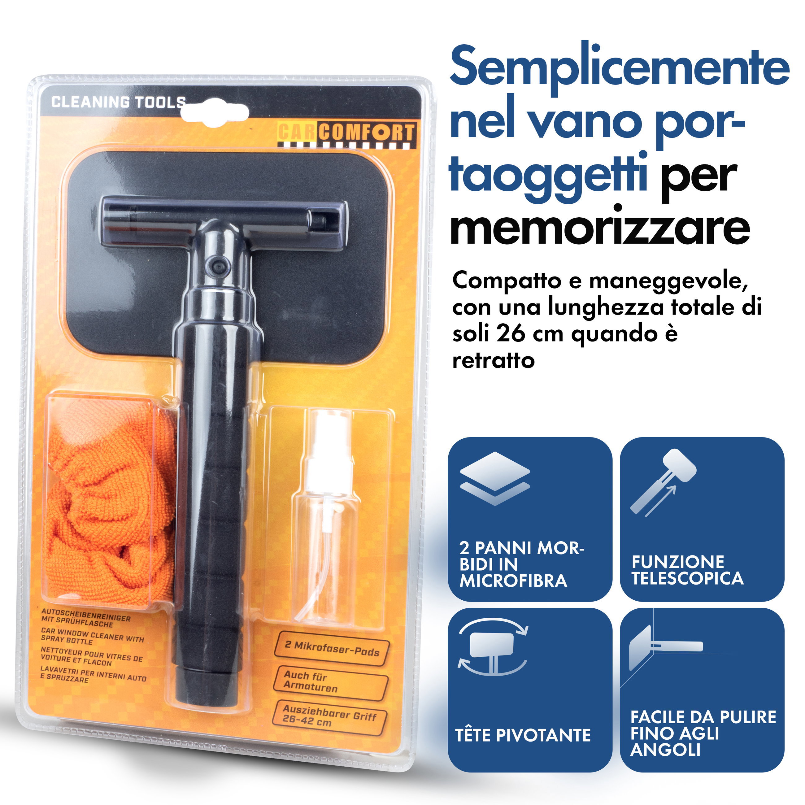 Pulitore per vetri incl. flacone spray telescopico 26 - 42 cm arancione