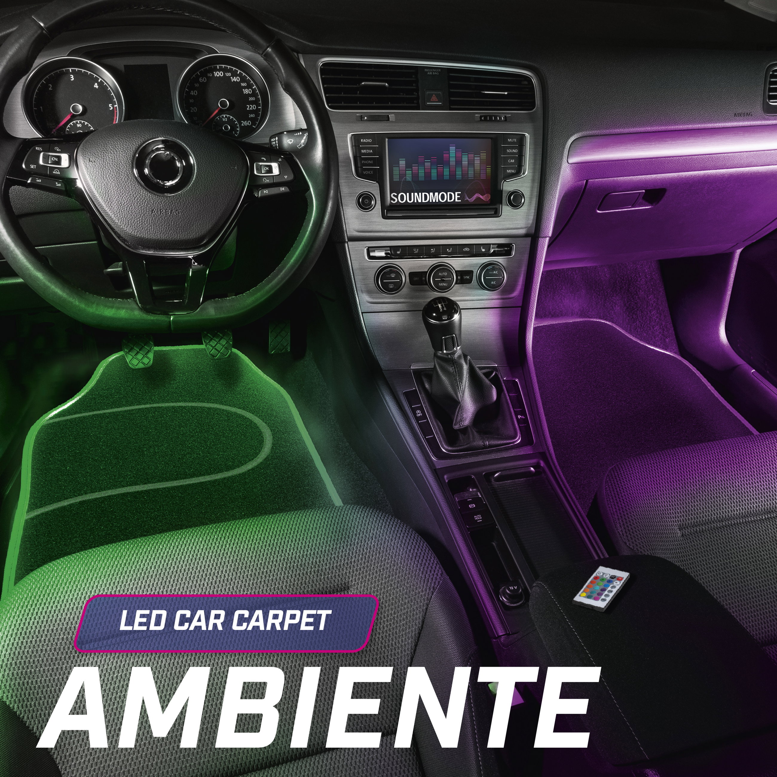 Tappeto auto LED Ambiente con selezione del colore, varie funzioni di luce e telecomando per l'illuminazione dell'ambiente