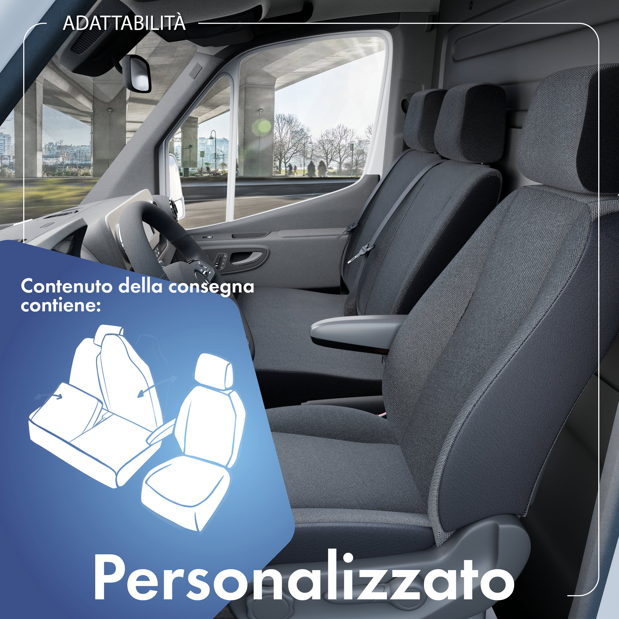 Transporter Coprisedili in tessuto per Opel Movano, Renault Master, Nissan Interstar, 1 sedile singolo anteriore (con bracciolo) e sedile doppio anteriore